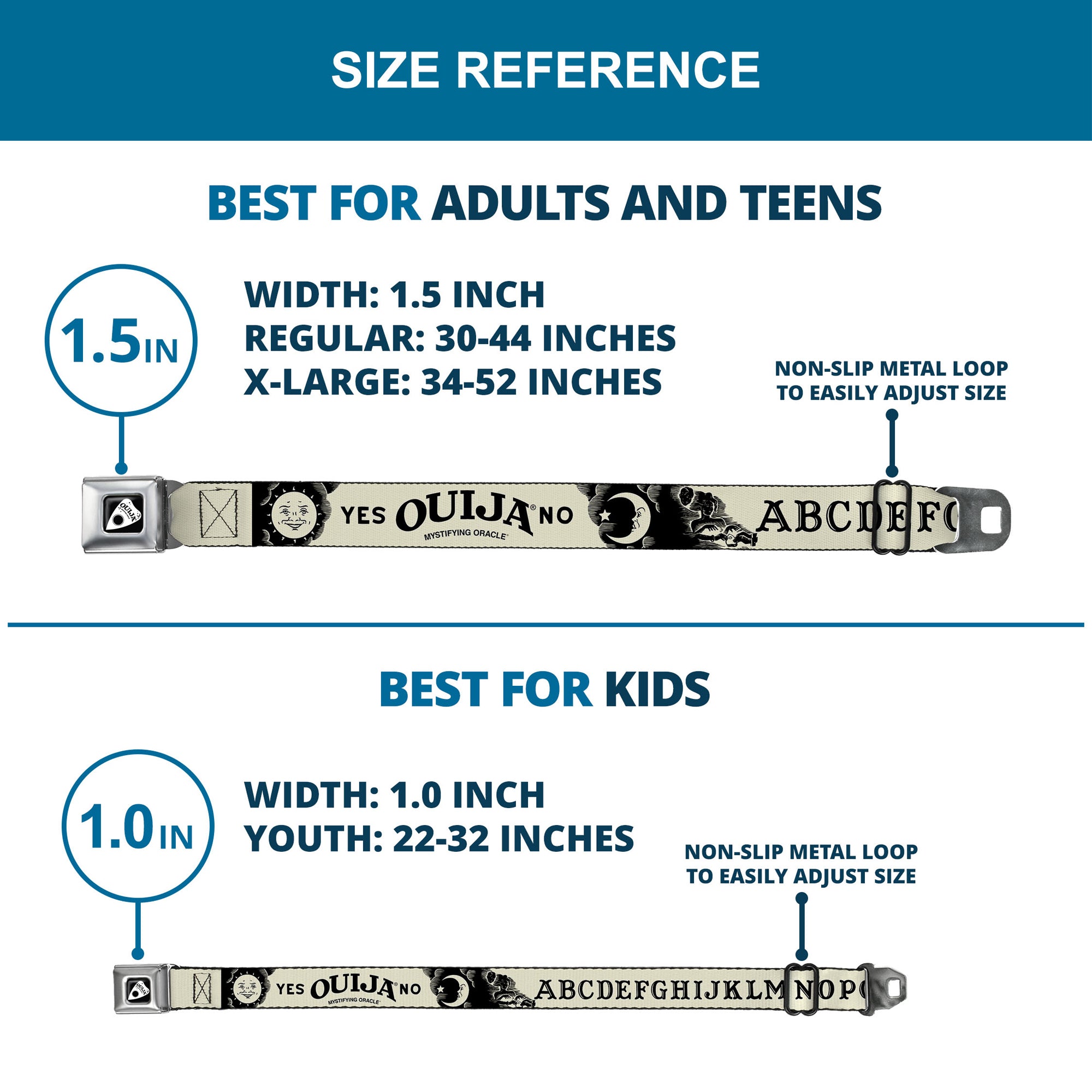 OUIJA Board Logo Planchette Full Color Red/White Seatbelt Belt - OUIJA Board Letters and Elements Beige/Black Webbing Seatbelt Belts Ouija Board