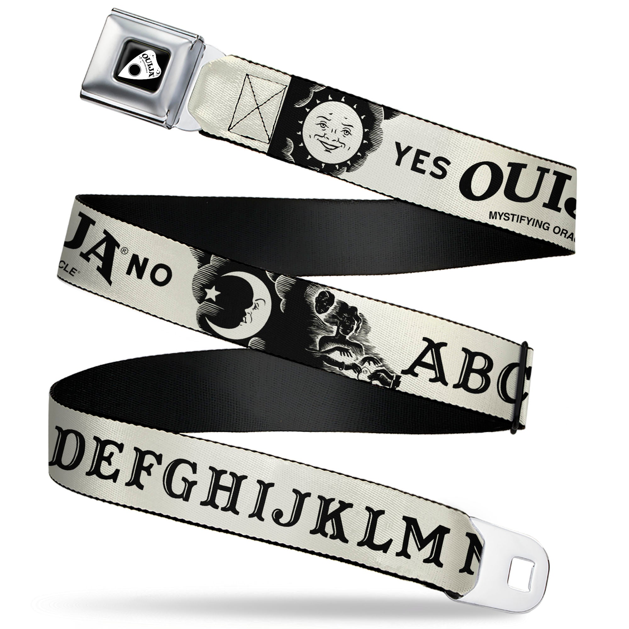 OUIJA Board Logo Planchette Full Color Red/White Seatbelt Belt - OUIJA Board Letters and Elements Beige/Black Webbing Seatbelt Belts Ouija Board