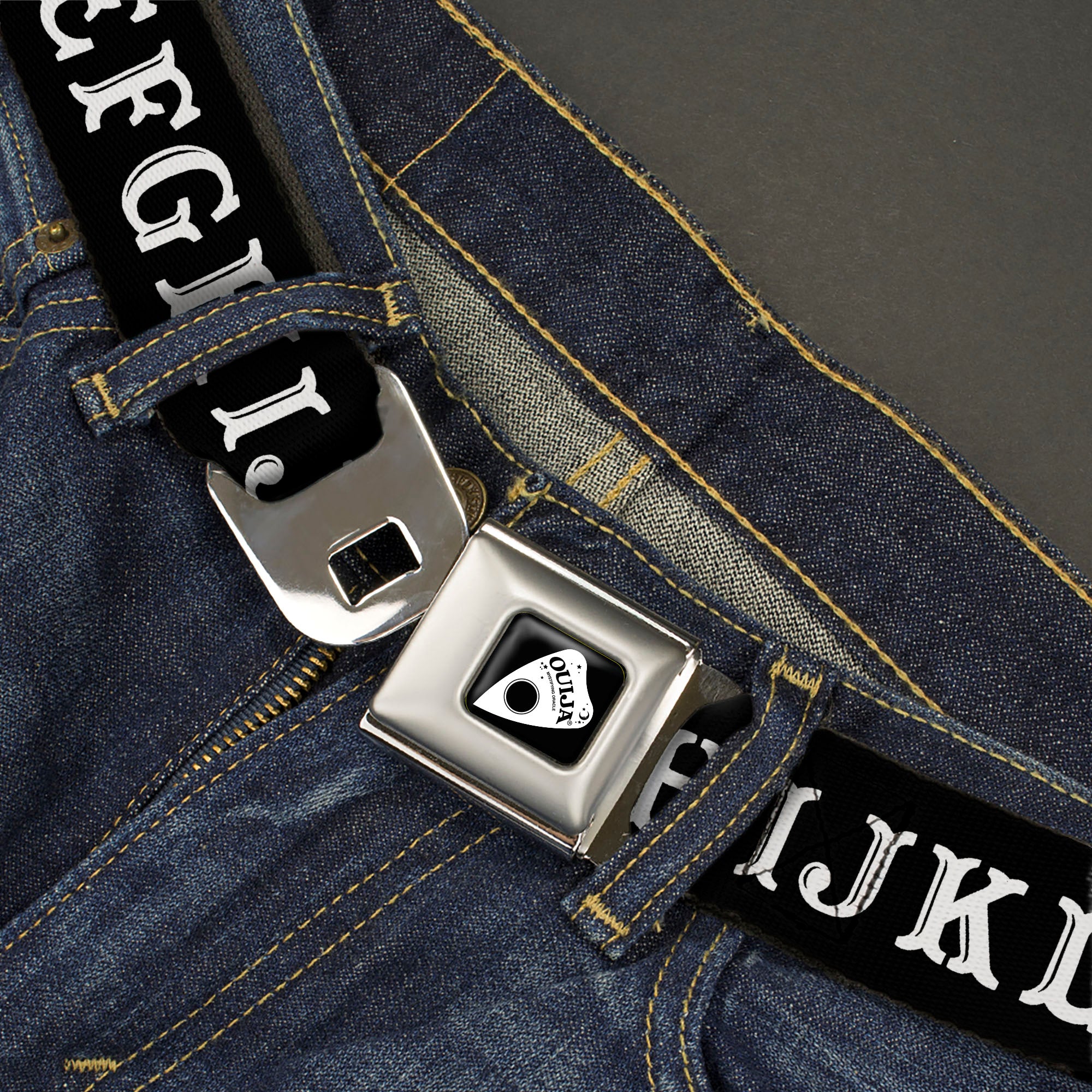 OUIJA Board Logo Planchette Full Color Red/White Seatbelt Belt - OUIJA Board Letters and Elements Black/White Webbing Seatbelt Belts Ouija Board