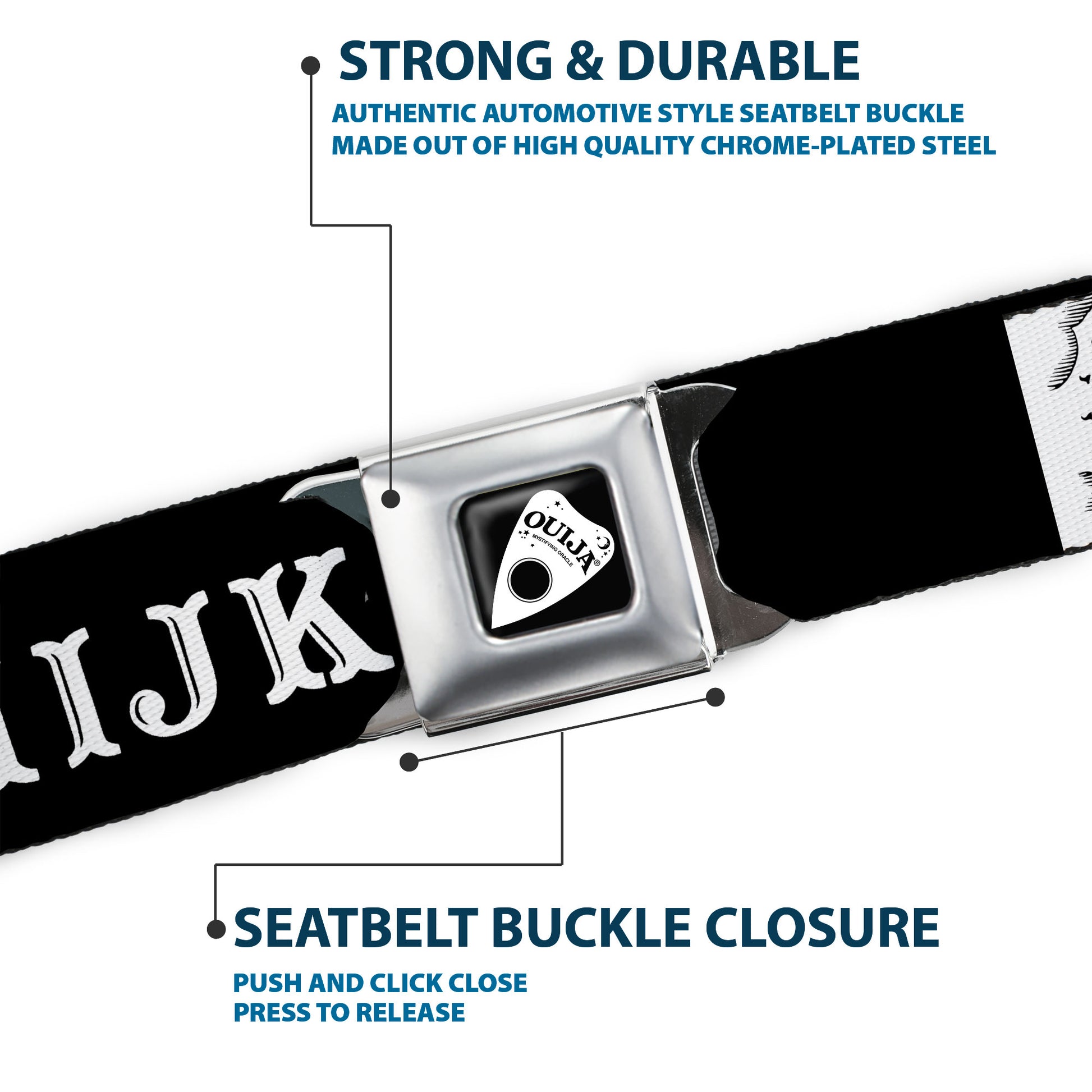 OUIJA Board Logo Planchette Full Color Red/White Seatbelt Belt - OUIJA Board Letters and Elements Black/White Webbing Seatbelt Belts Ouija Board