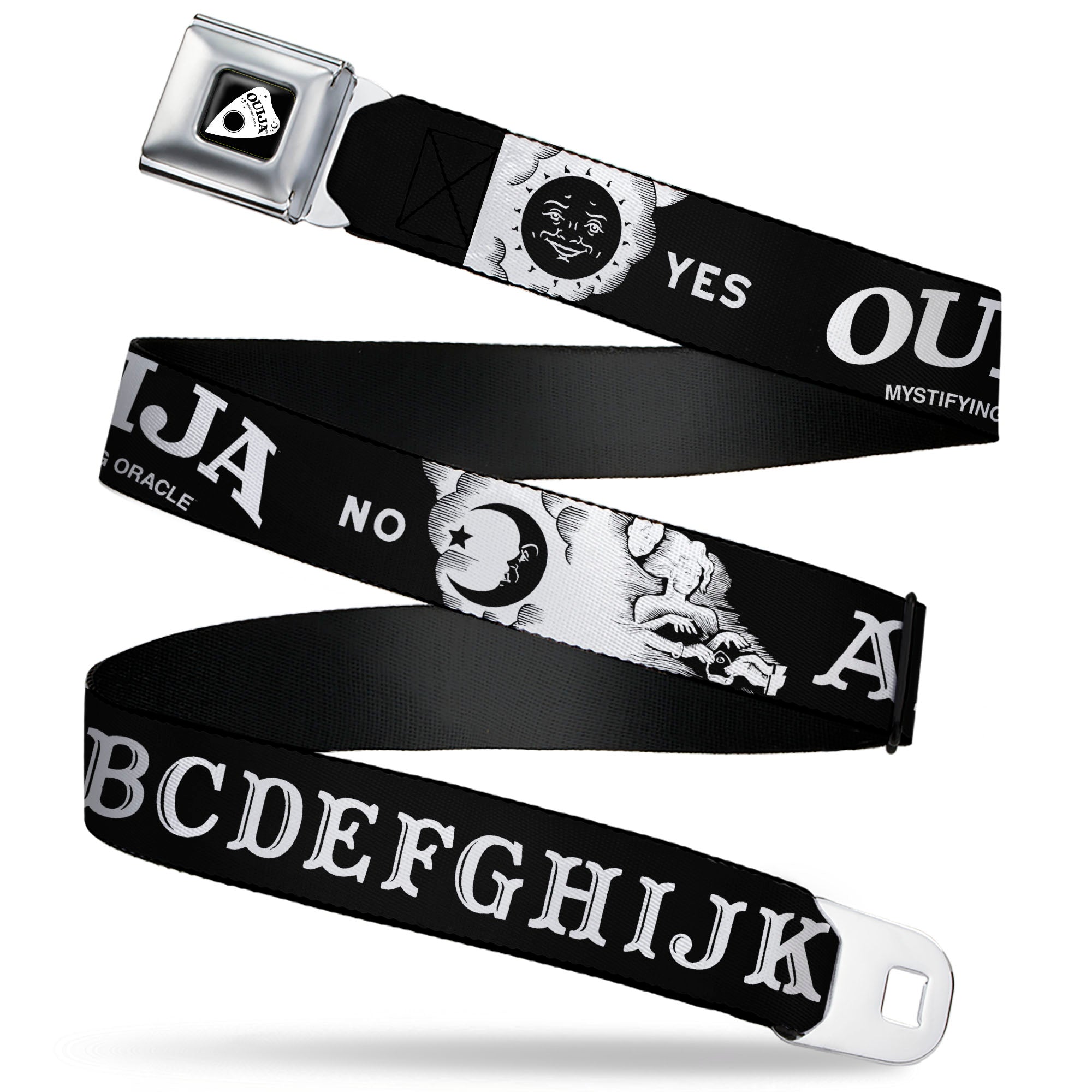 OUIJA Board Logo Planchette Full Color Red/White Seatbelt Belt - OUIJA Board Letters and Elements Black/White Webbing Seatbelt Belts Ouija Board