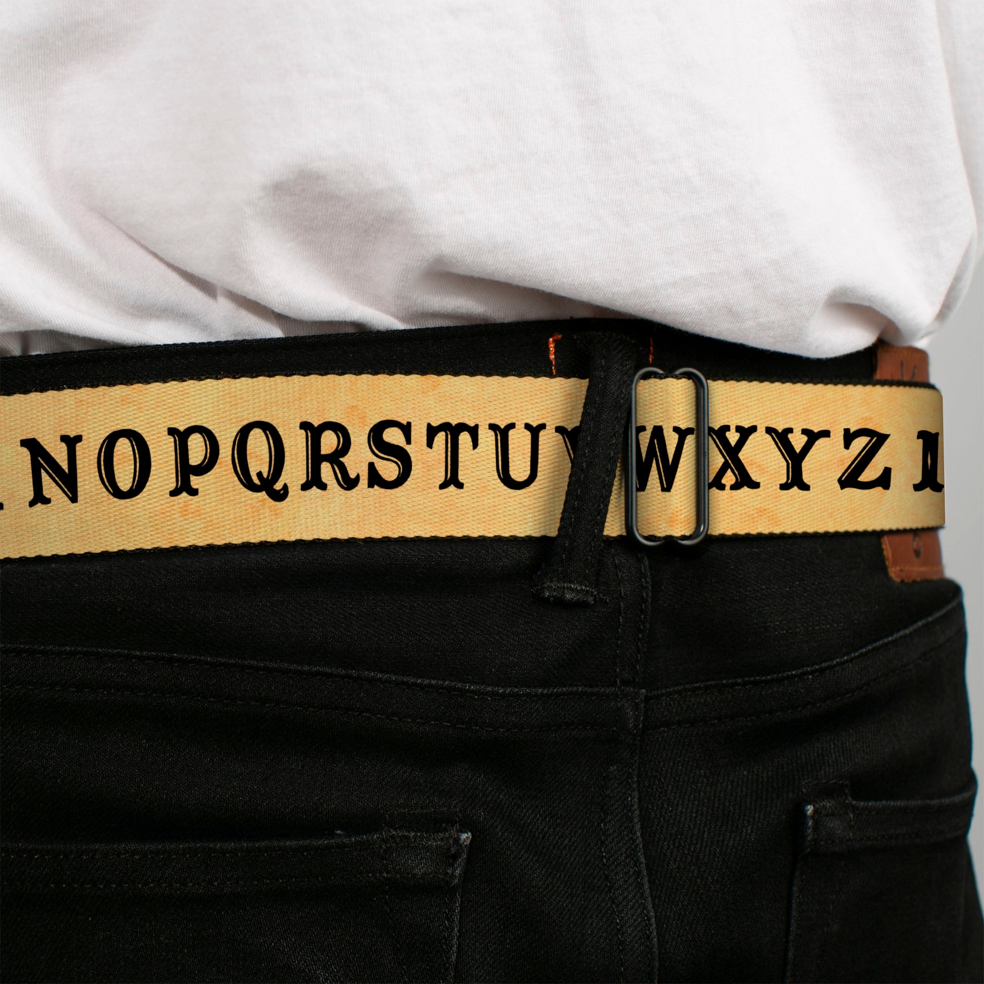 OUIJA Board Logo Planchette Full Color Red/White Seatbelt Belt - OUIJA Board Letters and Elements Antique Beige/Black Webbing Seatbelt Belts Ouija Board