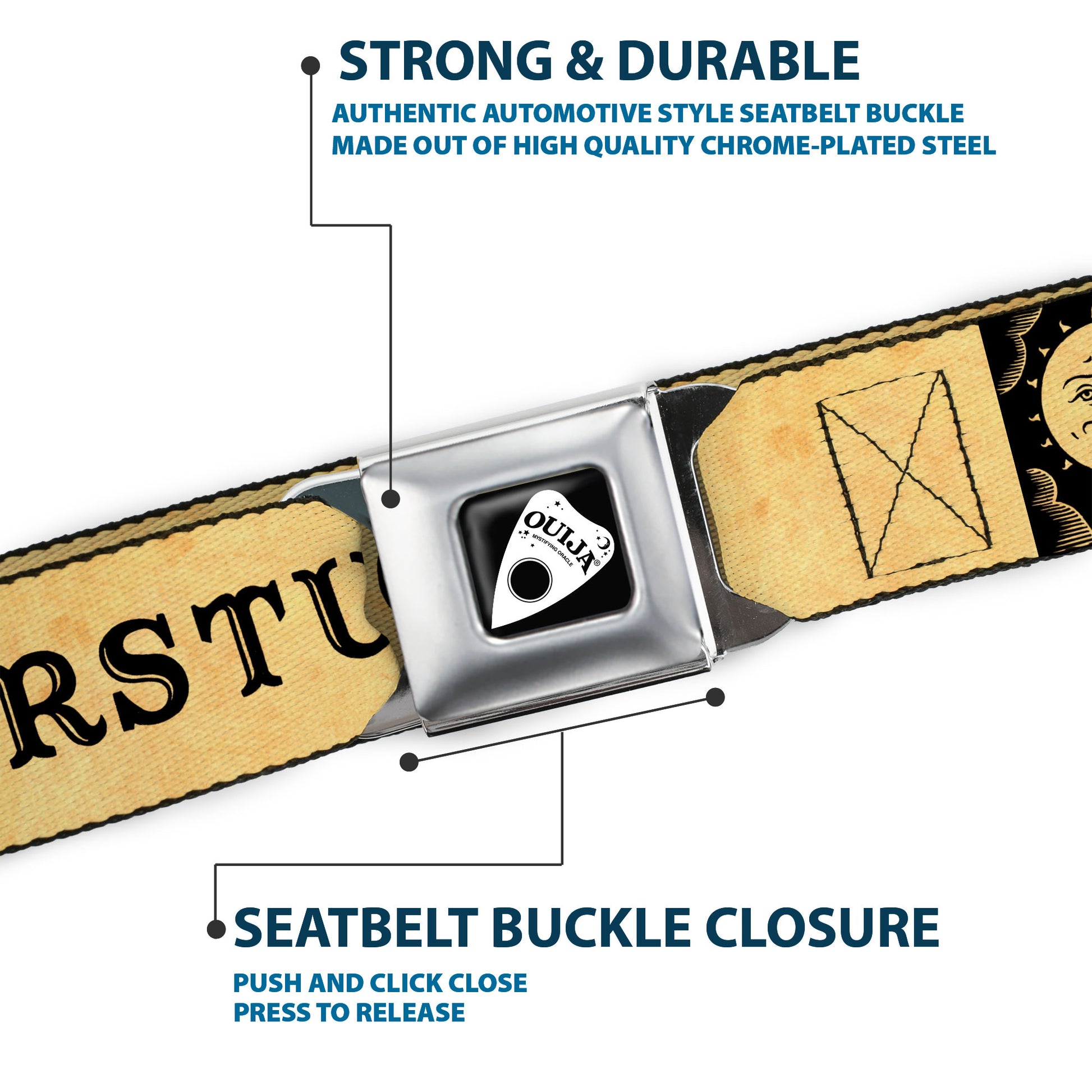 OUIJA Board Logo Planchette Full Color Red/White Seatbelt Belt - OUIJA Board Letters and Elements Antique Beige/Black Webbing Seatbelt Belts Ouija Board