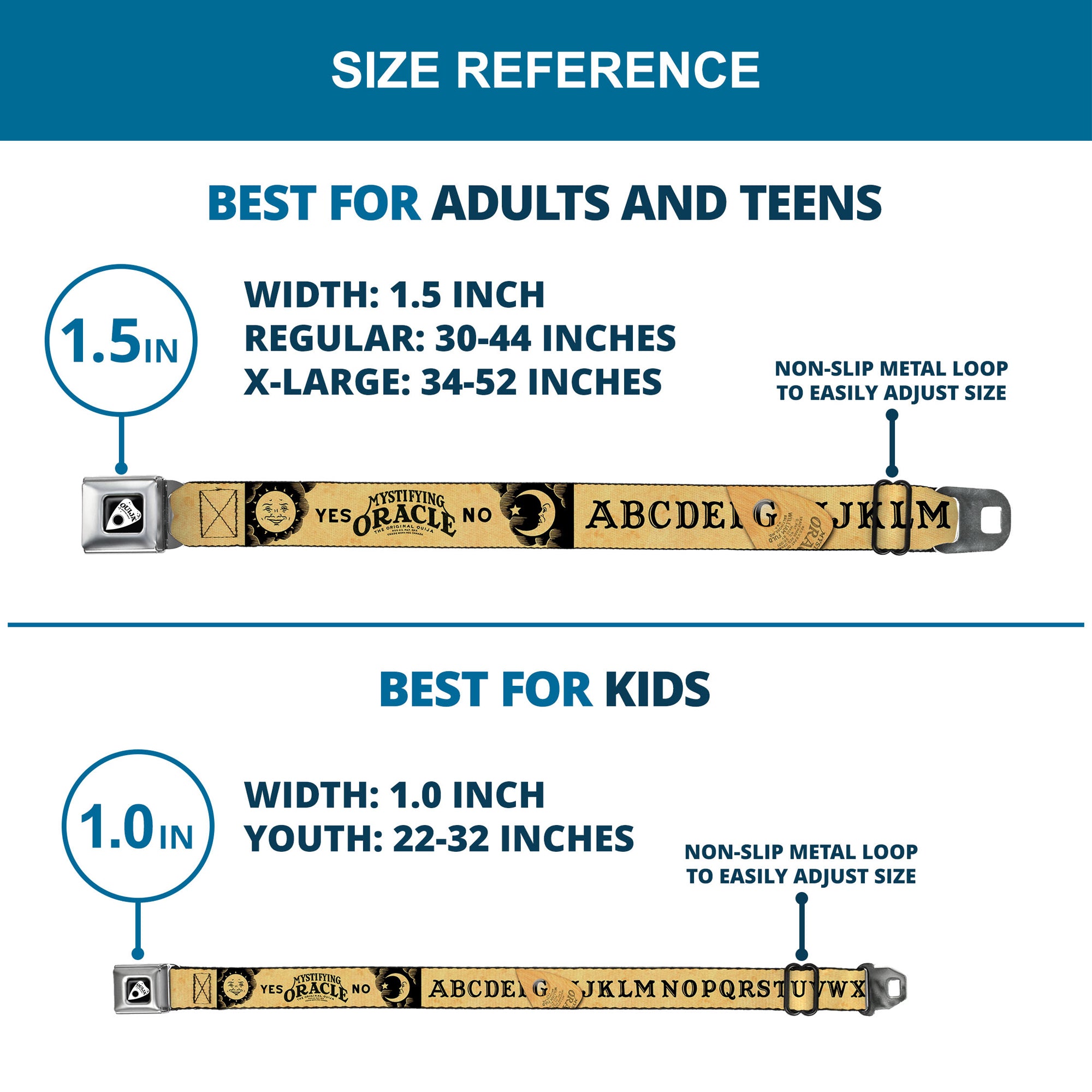 OUIJA Board Logo Planchette Full Color Red/White Seatbelt Belt - OUIJA Board Letters and Elements Antique Beige/Black Webbing Seatbelt Belts Ouija Board