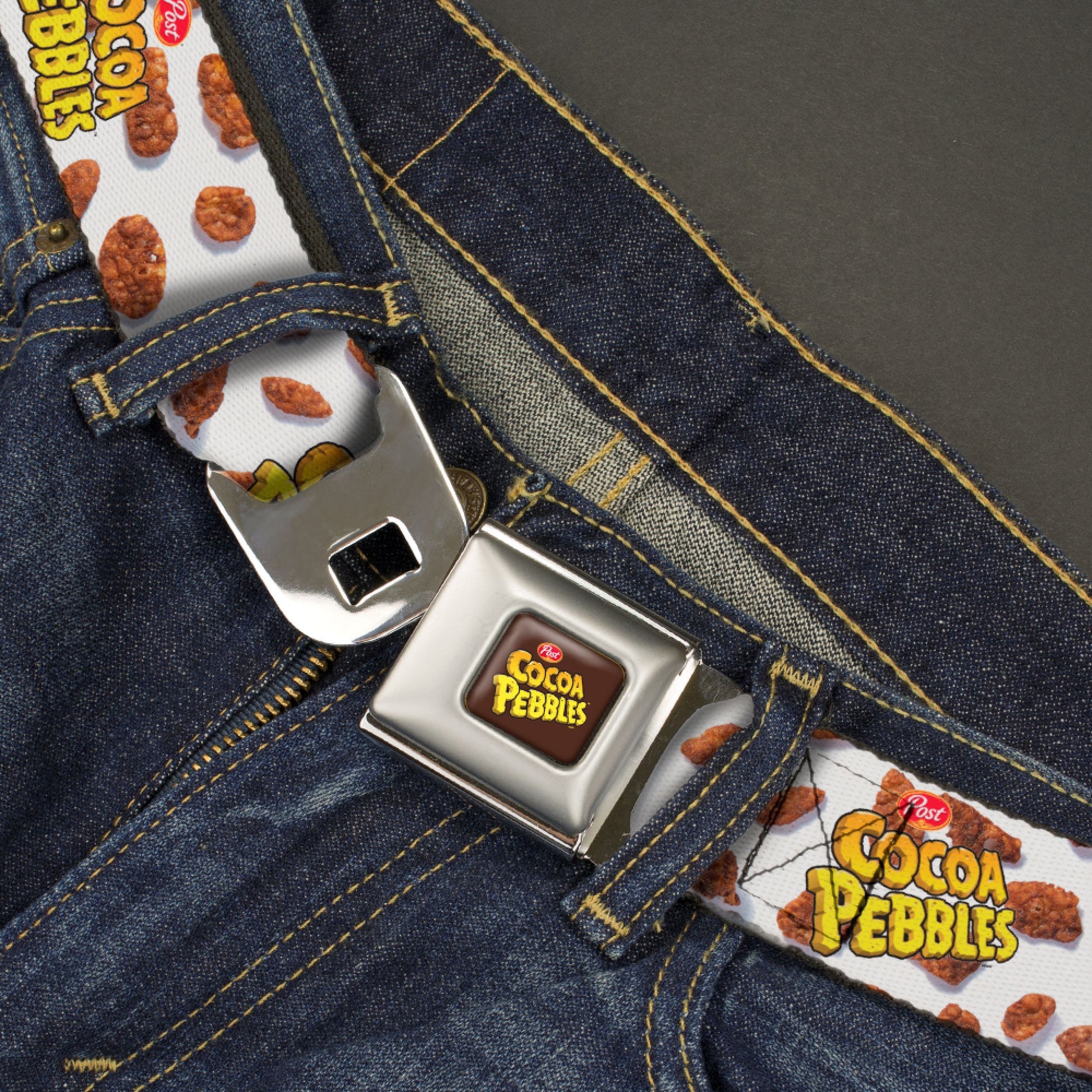 POST COCOA PEBBLES Logo Full Color Brown/Yellows Seatbelt Belt - POST COCOA PEBBLES Logo and Cereal Pebbles Scattered White/Browns Webbing Seatbelt Belts The Flintstones