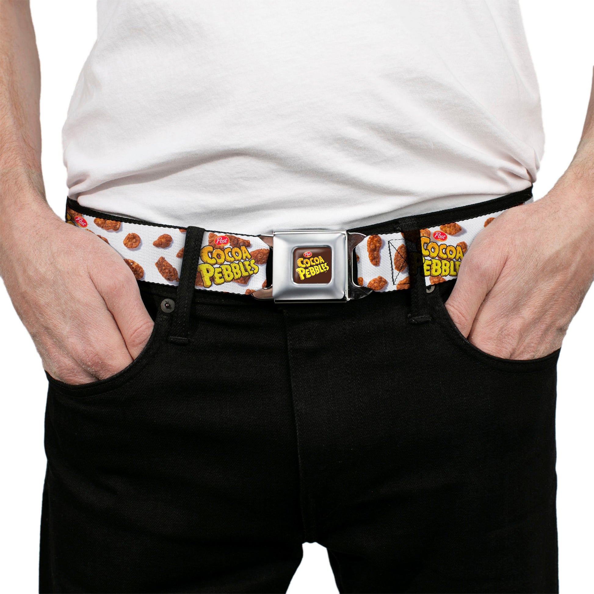 POST COCOA PEBBLES Logo Full Color Brown/Yellows Seatbelt Belt - POST COCOA PEBBLES Logo and Cereal Pebbles Scattered White/Browns Webbing Seatbelt Belts The Flintstones