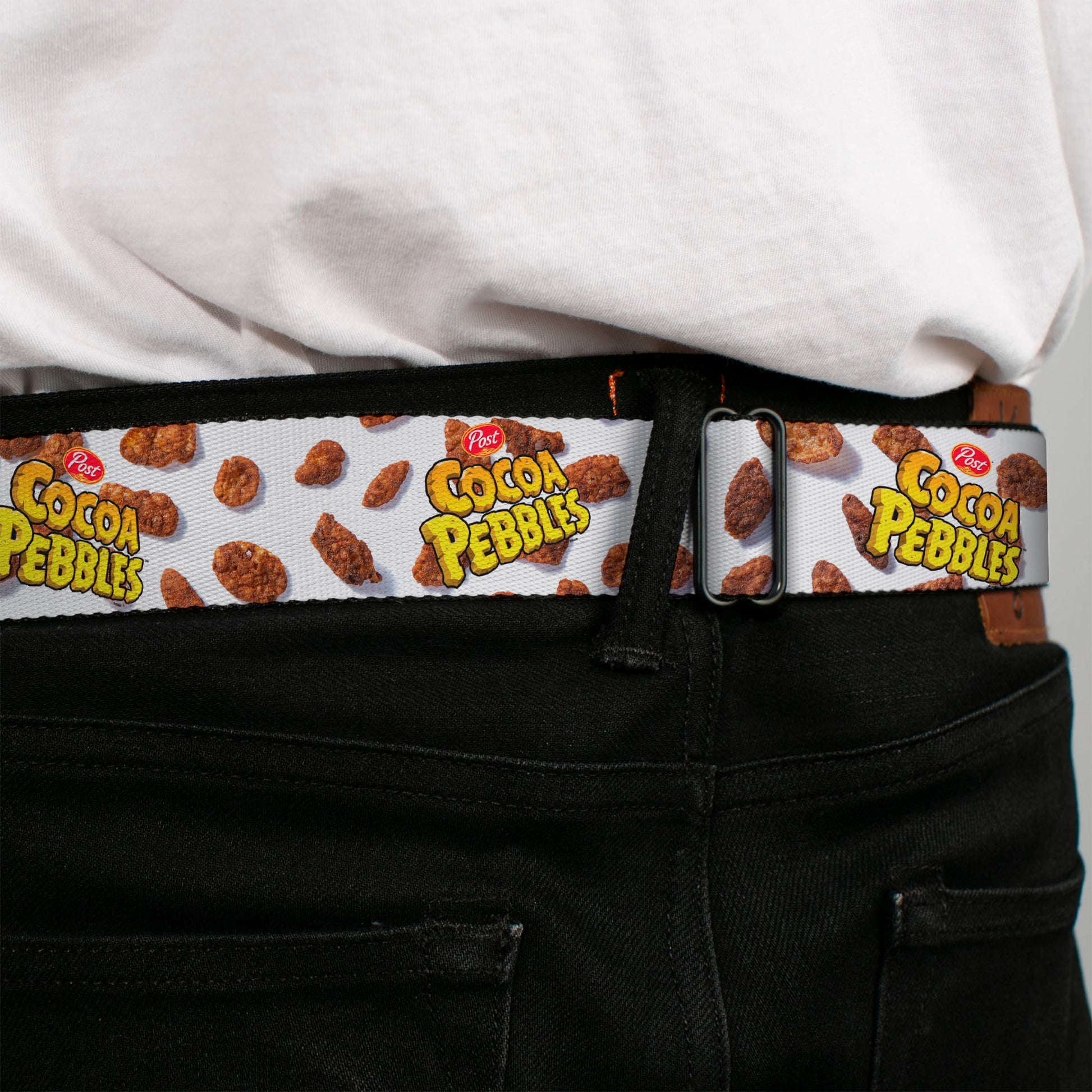 POST COCOA PEBBLES Logo Full Color Brown/Yellows Seatbelt Belt - POST COCOA PEBBLES Logo and Cereal Pebbles Scattered White/Browns Webbing Seatbelt Belts The Flintstones