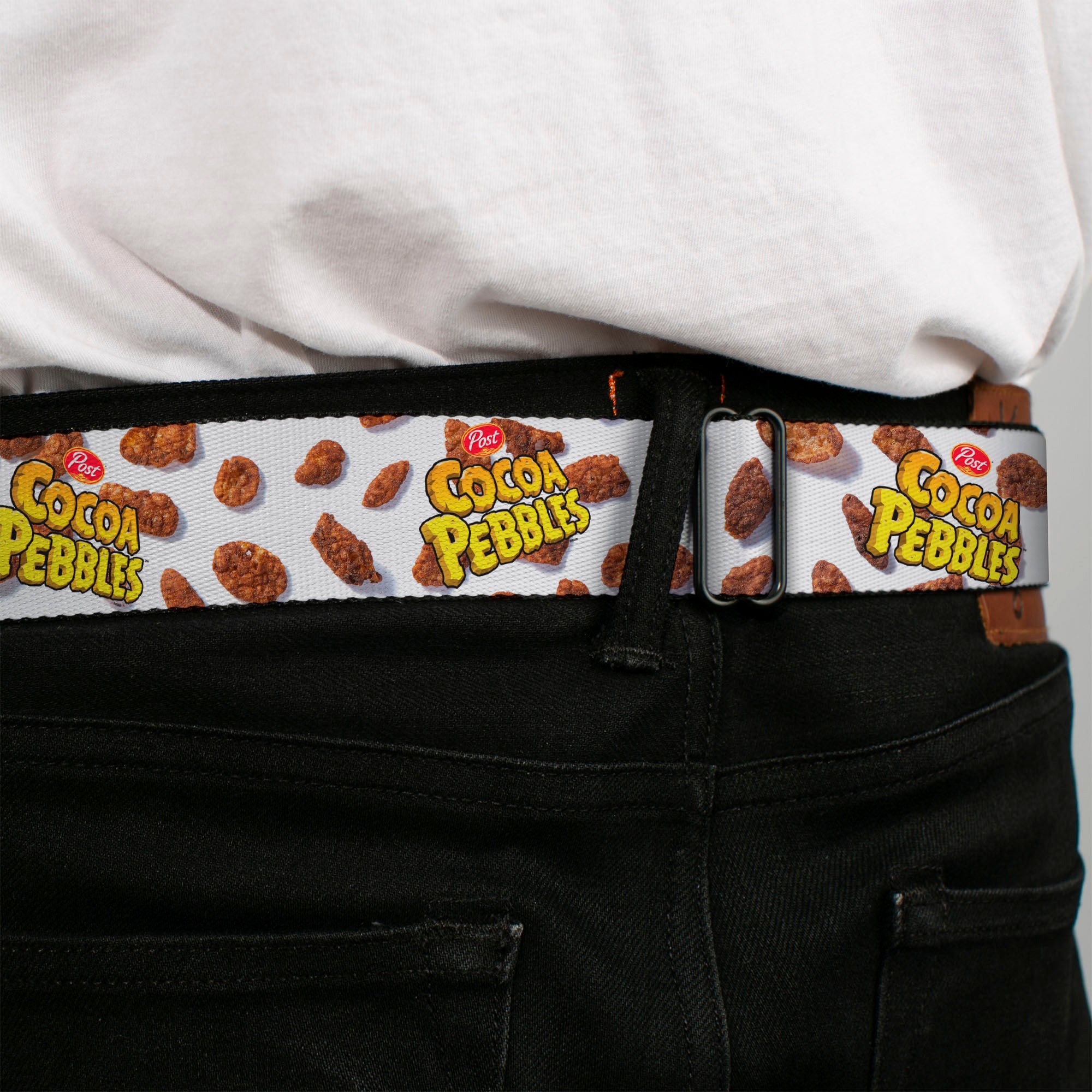 POST COCOA PEBBLES Logo Full Color Brown/Yellows Seatbelt Belt - POST COCOA PEBBLES Logo and Cereal Pebbles Scattered White/Browns Webbing Seatbelt Belts The Flintstones
