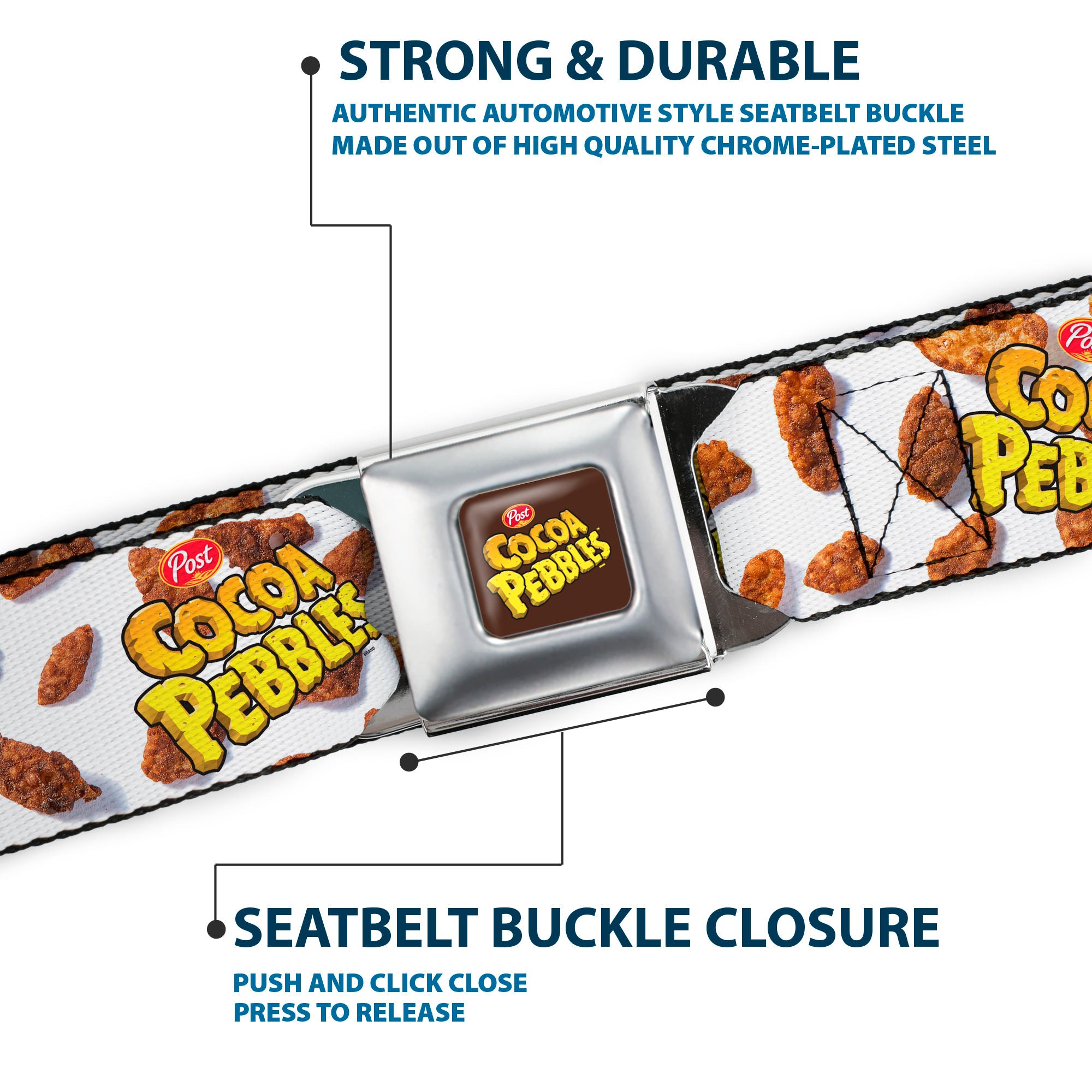 POST COCOA PEBBLES Logo Full Color Brown/Yellows Seatbelt Belt - POST COCOA PEBBLES Logo and Cereal Pebbles Scattered White/Browns Webbing Seatbelt Belts The Flintstones