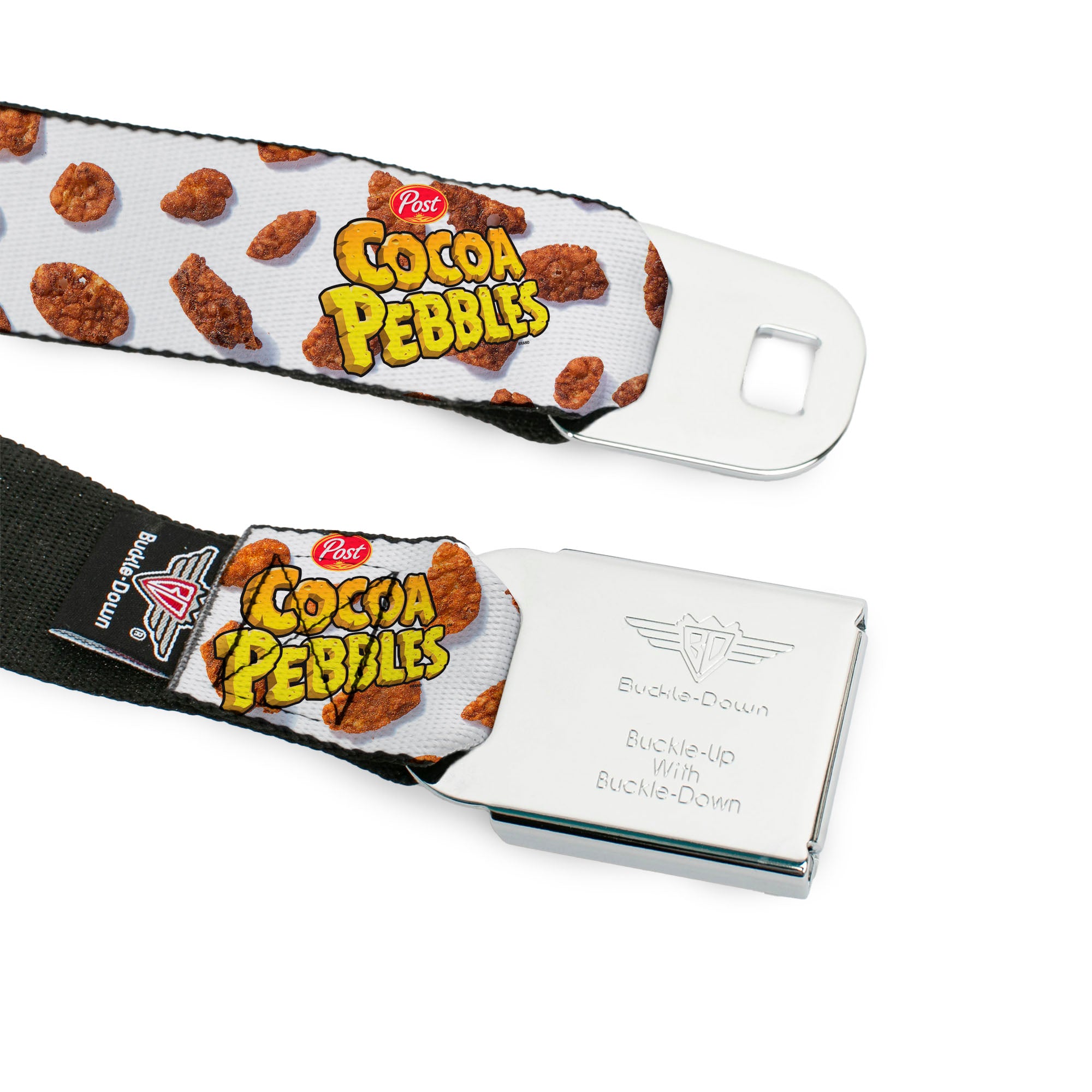 POST COCOA PEBBLES Logo Full Color Brown/Yellows Seatbelt Belt - POST COCOA PEBBLES Logo and Cereal Pebbles Scattered White/Browns Webbing Seatbelt Belts The Flintstones