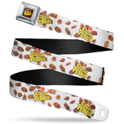 POST COCOA PEBBLES Logo Full Color Brown/Yellows Seatbelt Belt - POST COCOA PEBBLES Logo and Cereal Pebbles Scattered White/Browns Webbing Seatbelt Belts The Flintstones