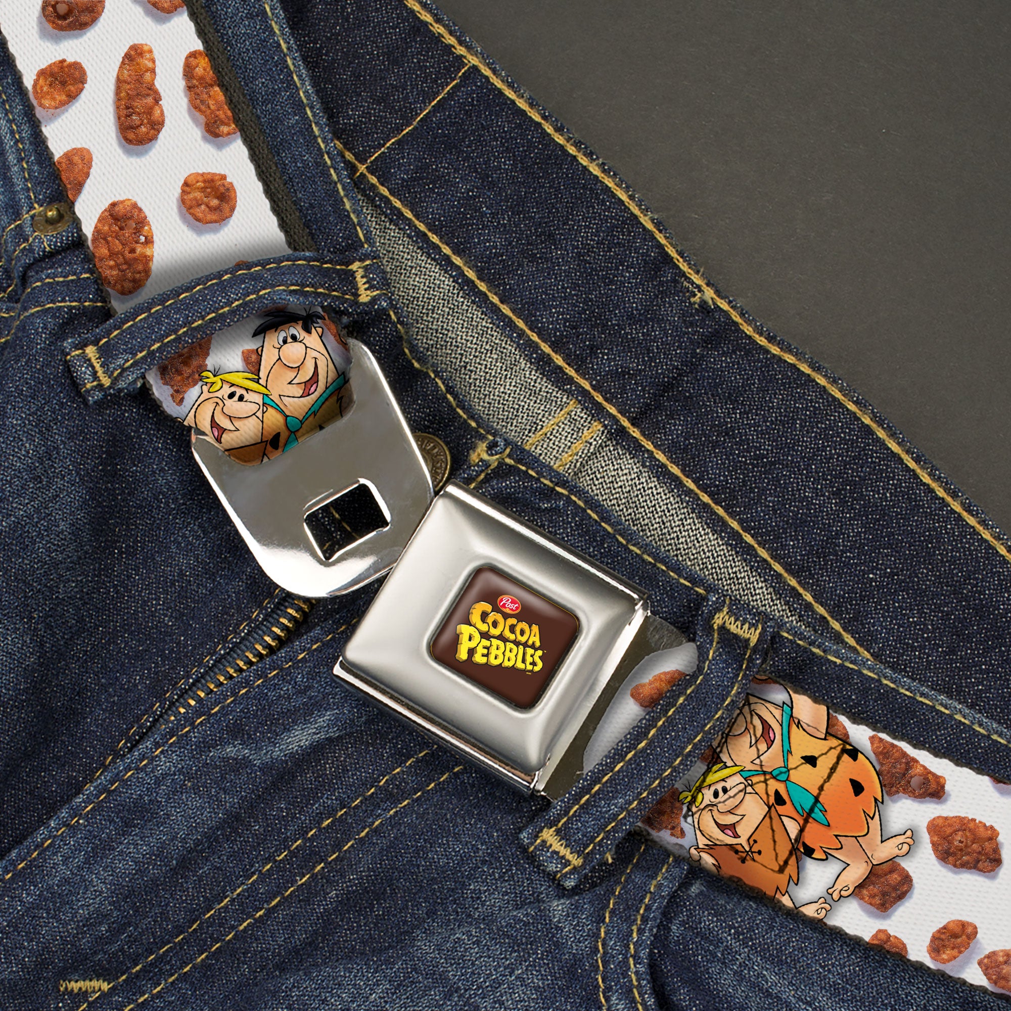 POST COCOA PEBBLES Logo Full Color Brown/Yellows Seatbelt Belt - Cocoa Pebbles Fred Flintstone and Barney Rubble Hugging Pose and Cereal Pebbles Scattered White/Browns Webbing Seatbelt Belts The Flintstones