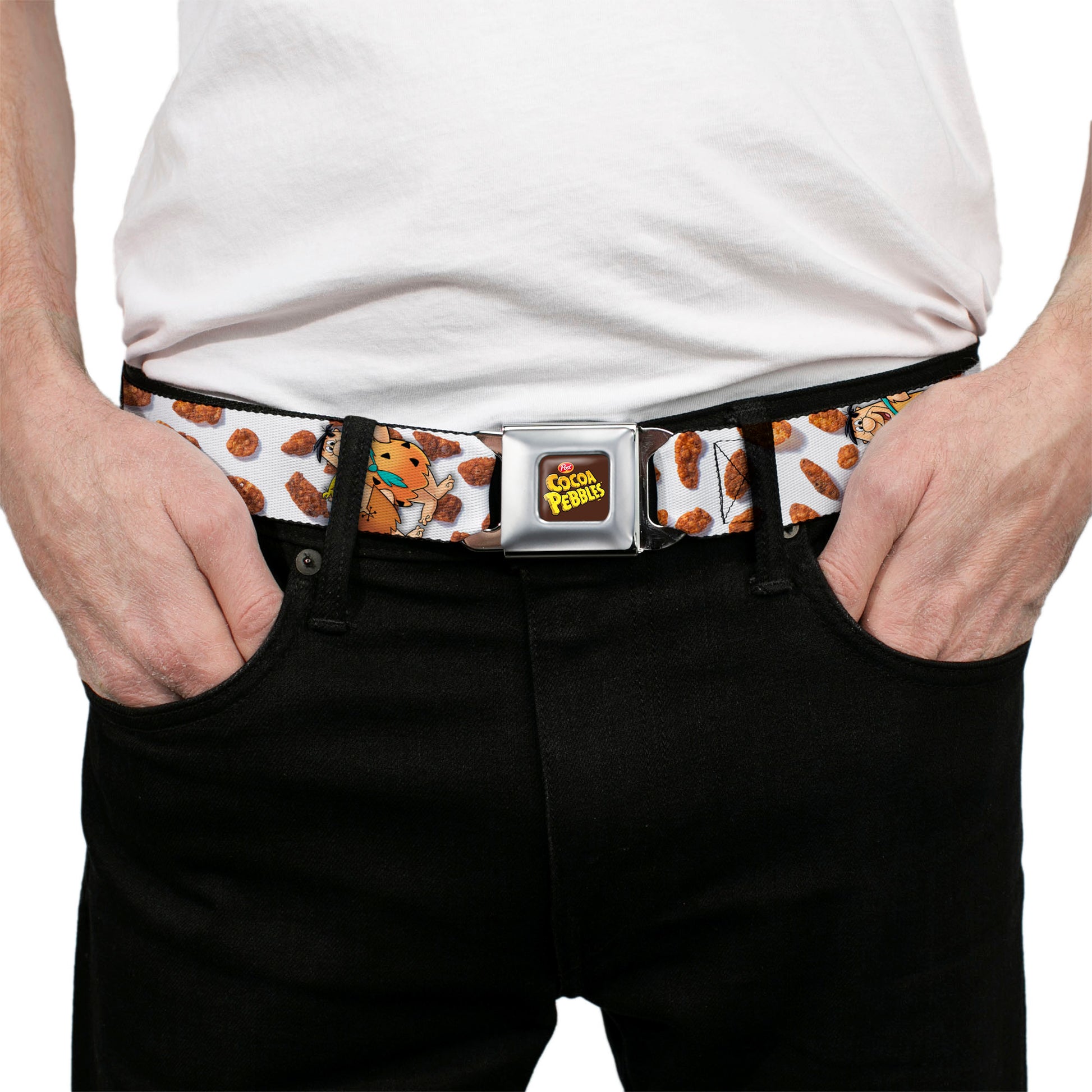 POST COCOA PEBBLES Logo Full Color Brown/Yellows Seatbelt Belt - Cocoa Pebbles Fred Flintstone and Barney Rubble Hugging Pose and Cereal Pebbles Scattered White/Browns Webbing Seatbelt Belts The Flintstones