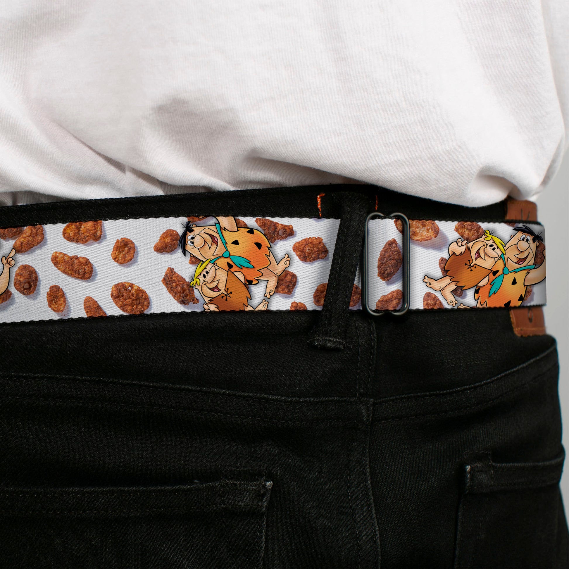 POST COCOA PEBBLES Logo Full Color Brown/Yellows Seatbelt Belt - Cocoa Pebbles Fred Flintstone and Barney Rubble Hugging Pose and Cereal Pebbles Scattered White/Browns Webbing Seatbelt Belts The Flintstones
