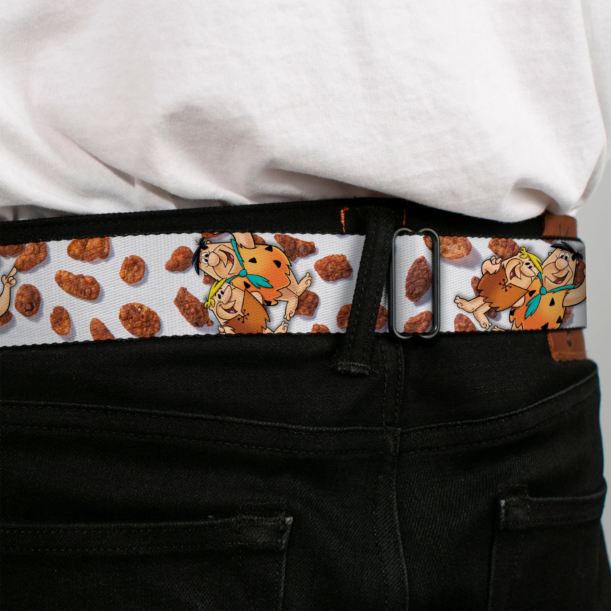 POST COCOA PEBBLES Logo Full Color Brown/Yellows Seatbelt Belt - Cocoa Pebbles Fred Flintstone and Barney Rubble Hugging Pose and Cereal Pebbles Scattered White/Browns Webbing Seatbelt Belts The Flintstones
