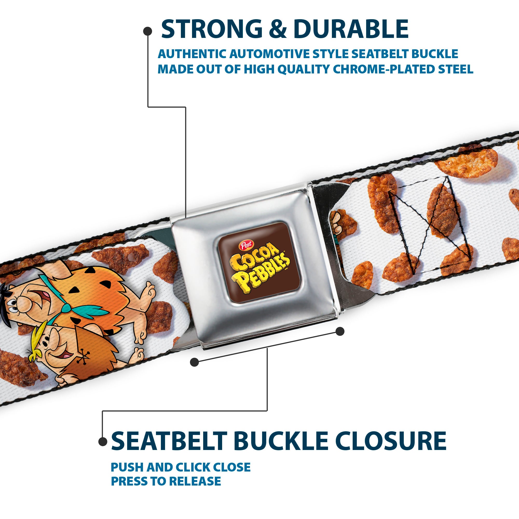 POST COCOA PEBBLES Logo Full Color Brown/Yellows Seatbelt Belt - Cocoa Pebbles Fred Flintstone and Barney Rubble Hugging Pose and Cereal Pebbles Scattered White/Browns Webbing Seatbelt Belts The Flintstones