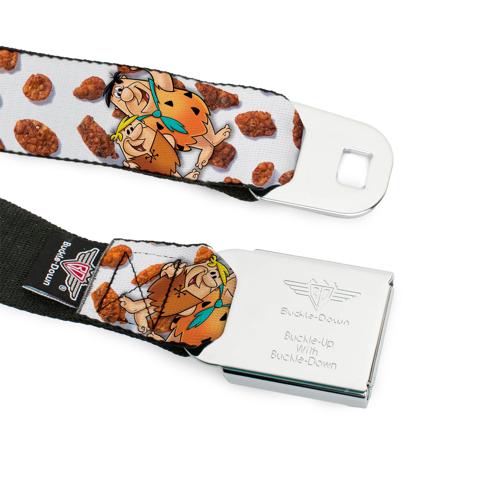 POST COCOA PEBBLES Logo Full Color Brown/Yellows Seatbelt Belt - Cocoa Pebbles Fred Flintstone and Barney Rubble Hugging Pose and Cereal Pebbles Scattered White/Browns Webbing Seatbelt Belts The Flintstones