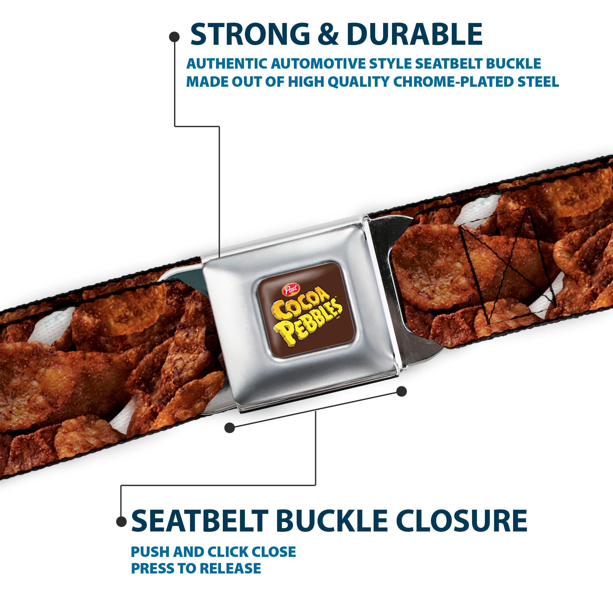 POST COCOA PEBBLES Logo Full Color Brown/Yellows Seatbelt Belt - Cocoa Pebbles Vivid Cereal CLOSE-UP Browns Webbing Seatbelt Belts The Flintstones