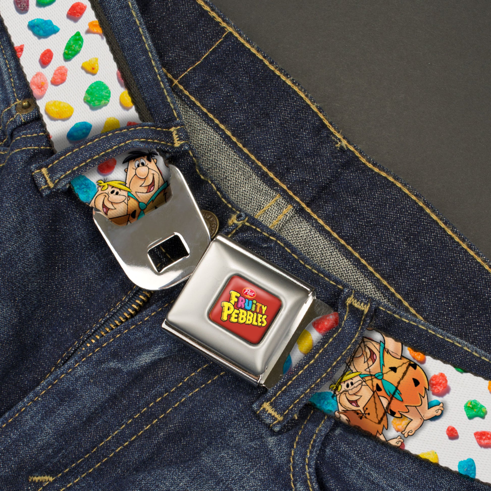 POST FRUITY PEBBLES Logo Full Color Red/Multi Color Seatbelt Belt - Fruity Pebbles Fred Flintstone and Barney Rubble Hugging Pose and Cereal Pebbles Scattered White/Multi Color Webbing Seatbelt Belts The Flintstones