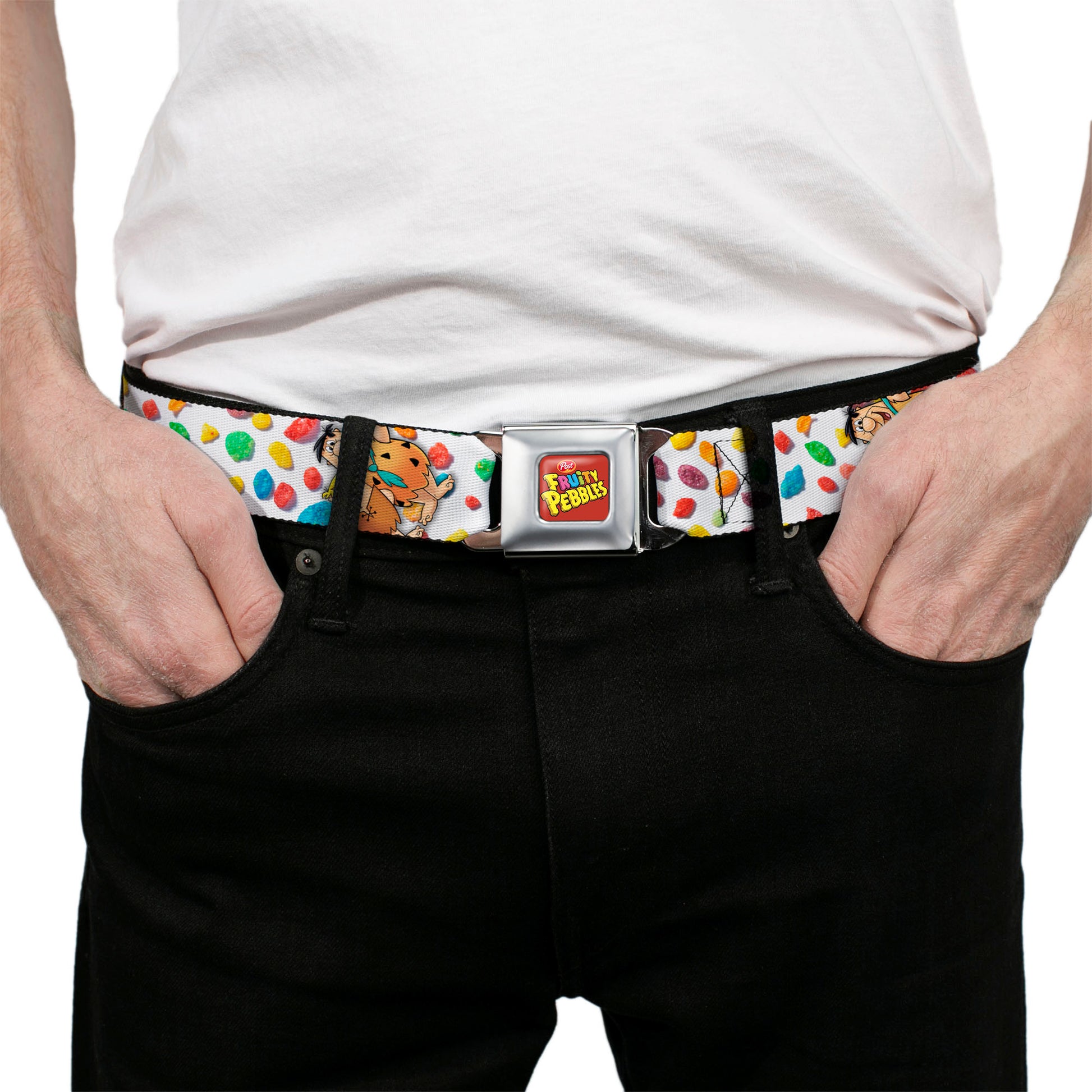 POST FRUITY PEBBLES Logo Full Color Red/Multi Color Seatbelt Belt - Fruity Pebbles Fred Flintstone and Barney Rubble Hugging Pose and Cereal Pebbles Scattered White/Multi Color Webbing Seatbelt Belts The Flintstones