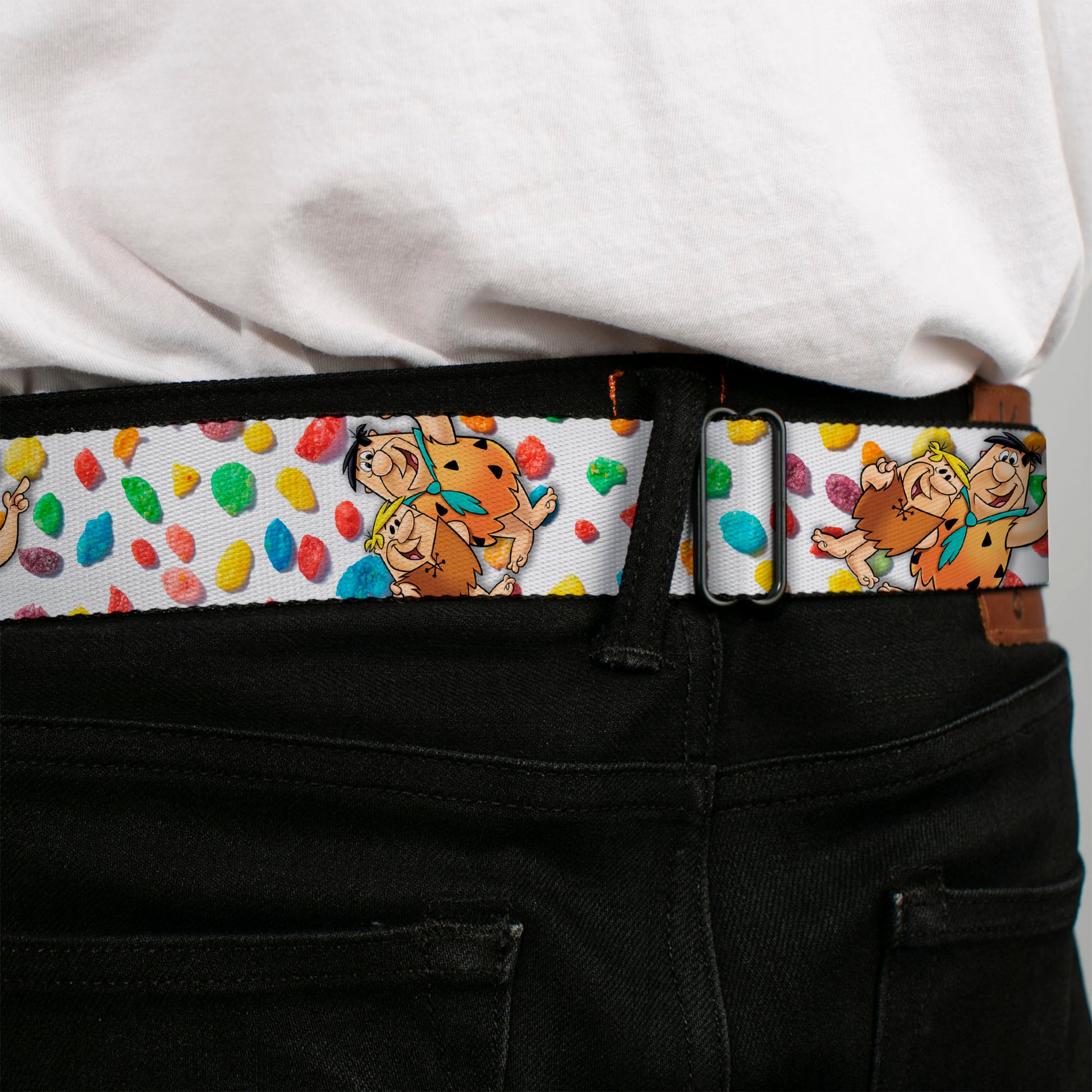 POST FRUITY PEBBLES Logo Full Color Red/Multi Color Seatbelt Belt - Fruity Pebbles Fred Flintstone and Barney Rubble Hugging Pose and Cereal Pebbles Scattered White/Multi Color Webbing Seatbelt Belts The Flintstones