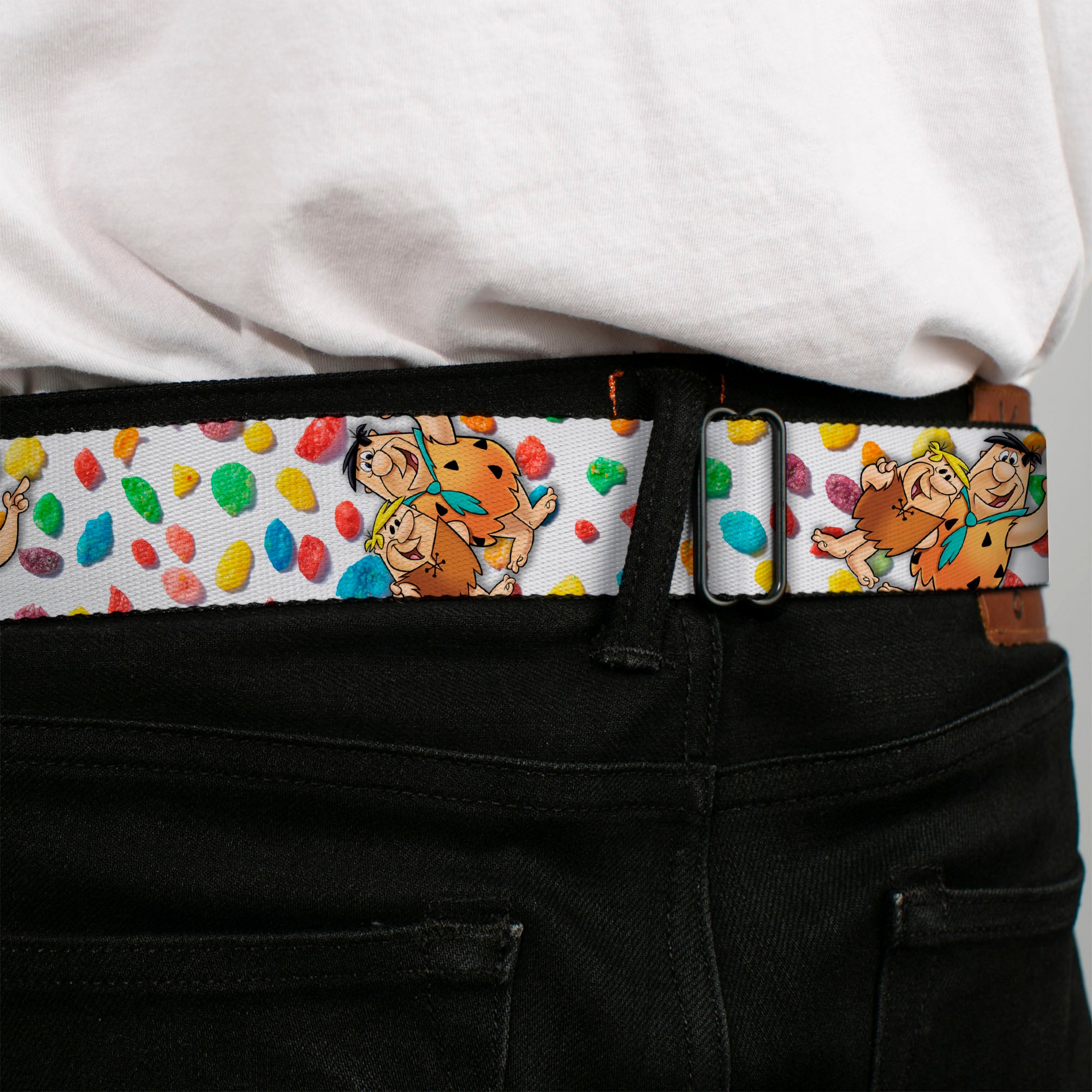 POST FRUITY PEBBLES Logo Full Color Red/Multi Color Seatbelt Belt - Fruity Pebbles Fred Flintstone and Barney Rubble Hugging Pose and Cereal Pebbles Scattered White/Multi Color Webbing Seatbelt Belts The Flintstones