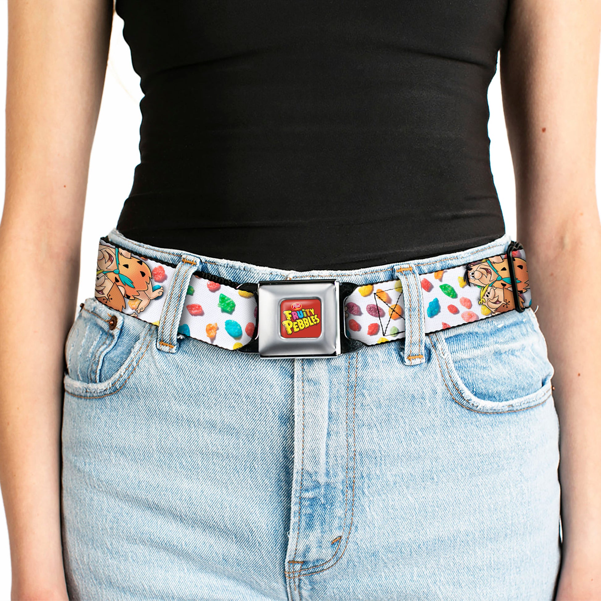 POST FRUITY PEBBLES Logo Full Color Red/Multi Color Seatbelt Belt - Fruity Pebbles Fred Flintstone and Barney Rubble Hugging Pose and Cereal Pebbles Scattered White/Multi Color Webbing Seatbelt Belts The Flintstones
