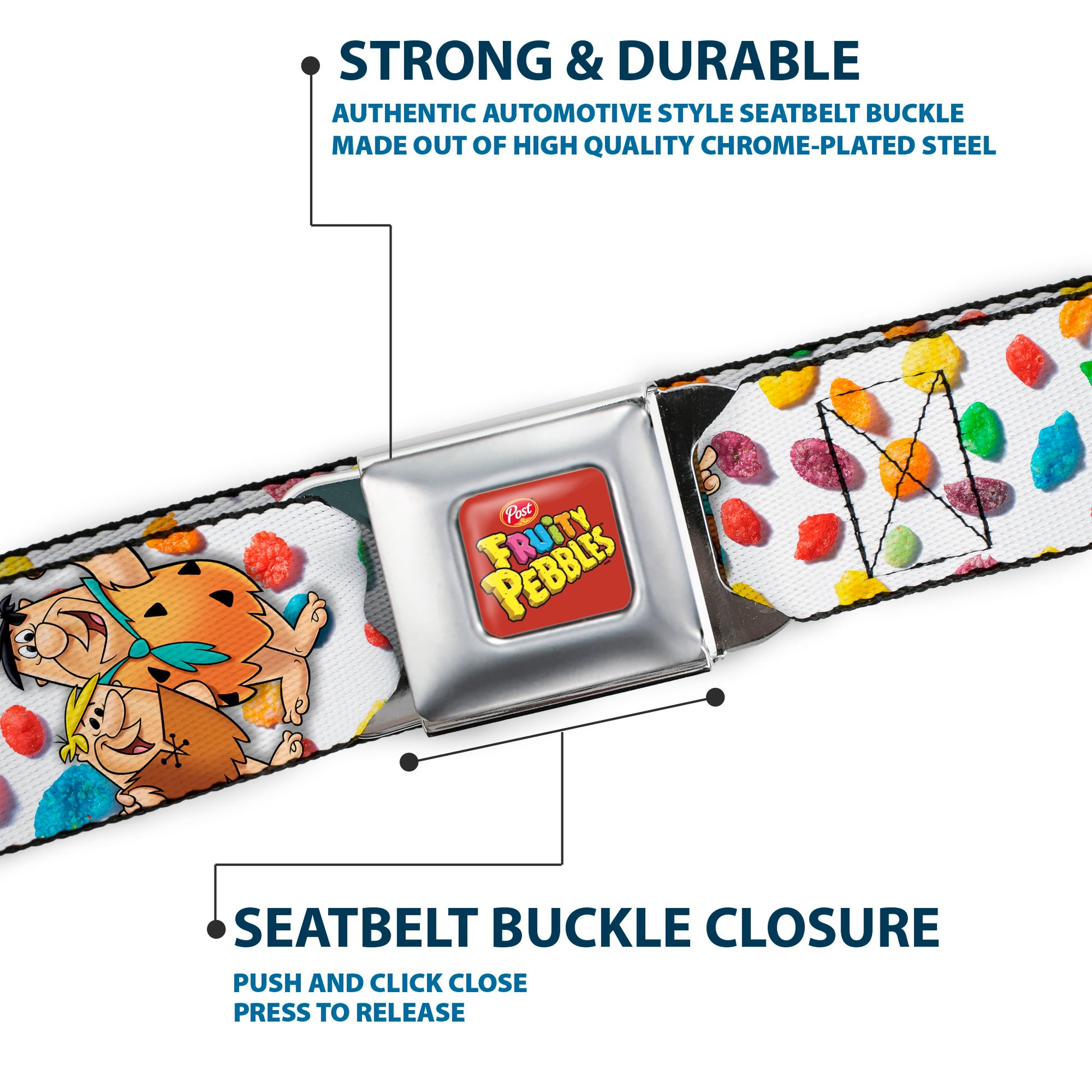POST FRUITY PEBBLES Logo Full Color Red/Multi Color Seatbelt Belt - Fruity Pebbles Fred Flintstone and Barney Rubble Hugging Pose and Cereal Pebbles Scattered White/Multi Color Webbing Seatbelt Belts The Flintstones