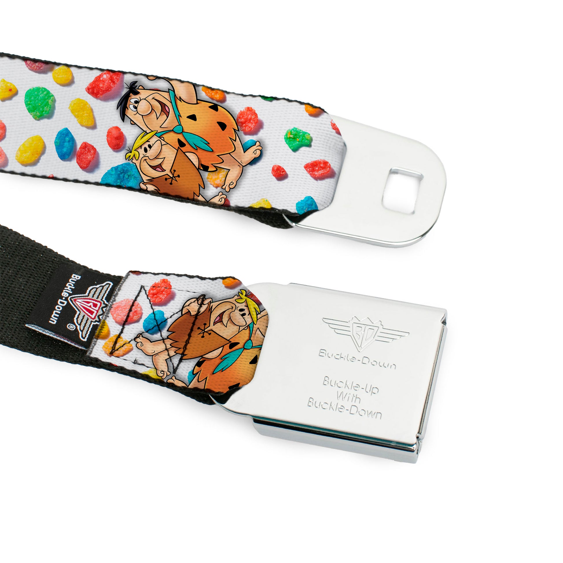 POST FRUITY PEBBLES Logo Full Color Red/Multi Color Seatbelt Belt - Fruity Pebbles Fred Flintstone and Barney Rubble Hugging Pose and Cereal Pebbles Scattered White/Multi Color Webbing Seatbelt Belts The Flintstones