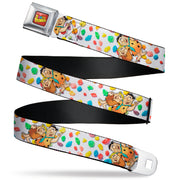 POST FRUITY PEBBLES Logo Full Color Red/Multi Color Seatbelt Belt - Fruity Pebbles Fred Flintstone and Barney Rubble Hugging Pose and Cereal Pebbles Scattered White/Multi Color Webbing Seatbelt Belts The Flintstones