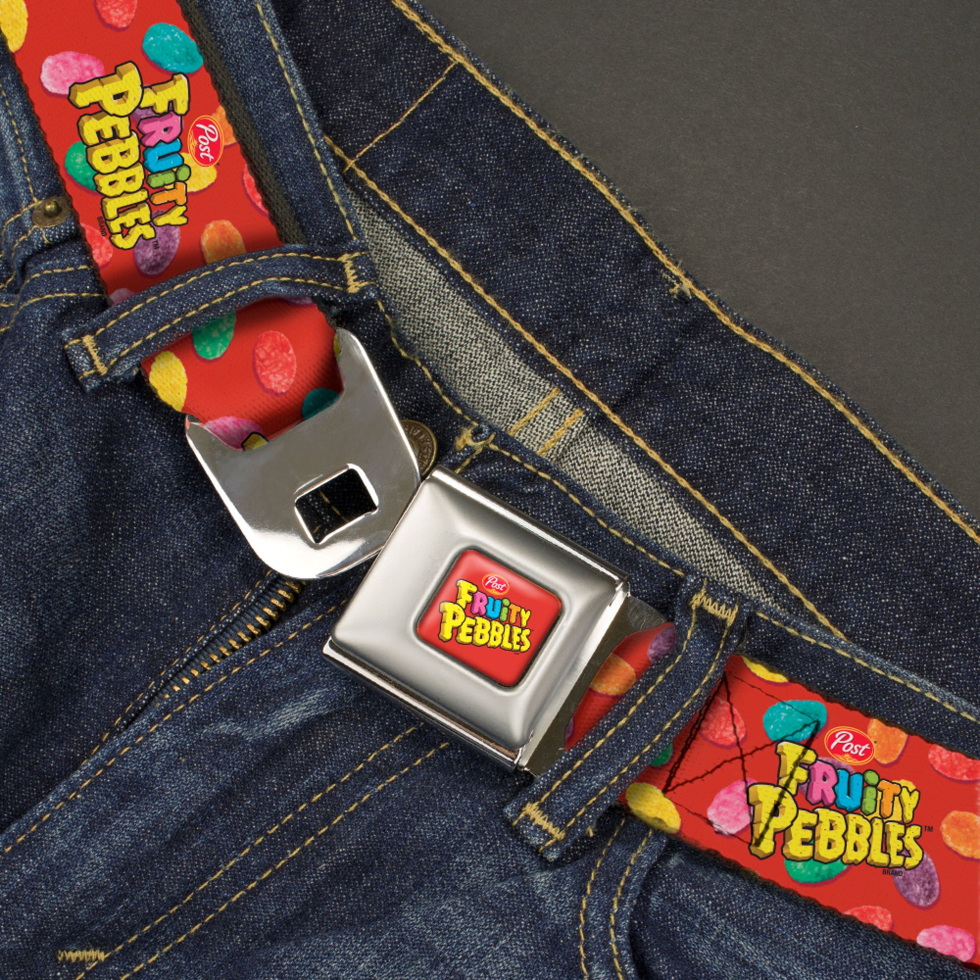 POST FRUITY PEBBLES Logo Full Color Red/Multi Color Seatbelt Belt - POST FRUITY PEBBLES Logo and Cereal Pebbles Scattered Red/Multi Color Webbing Seatbelt Belts The Flintstones