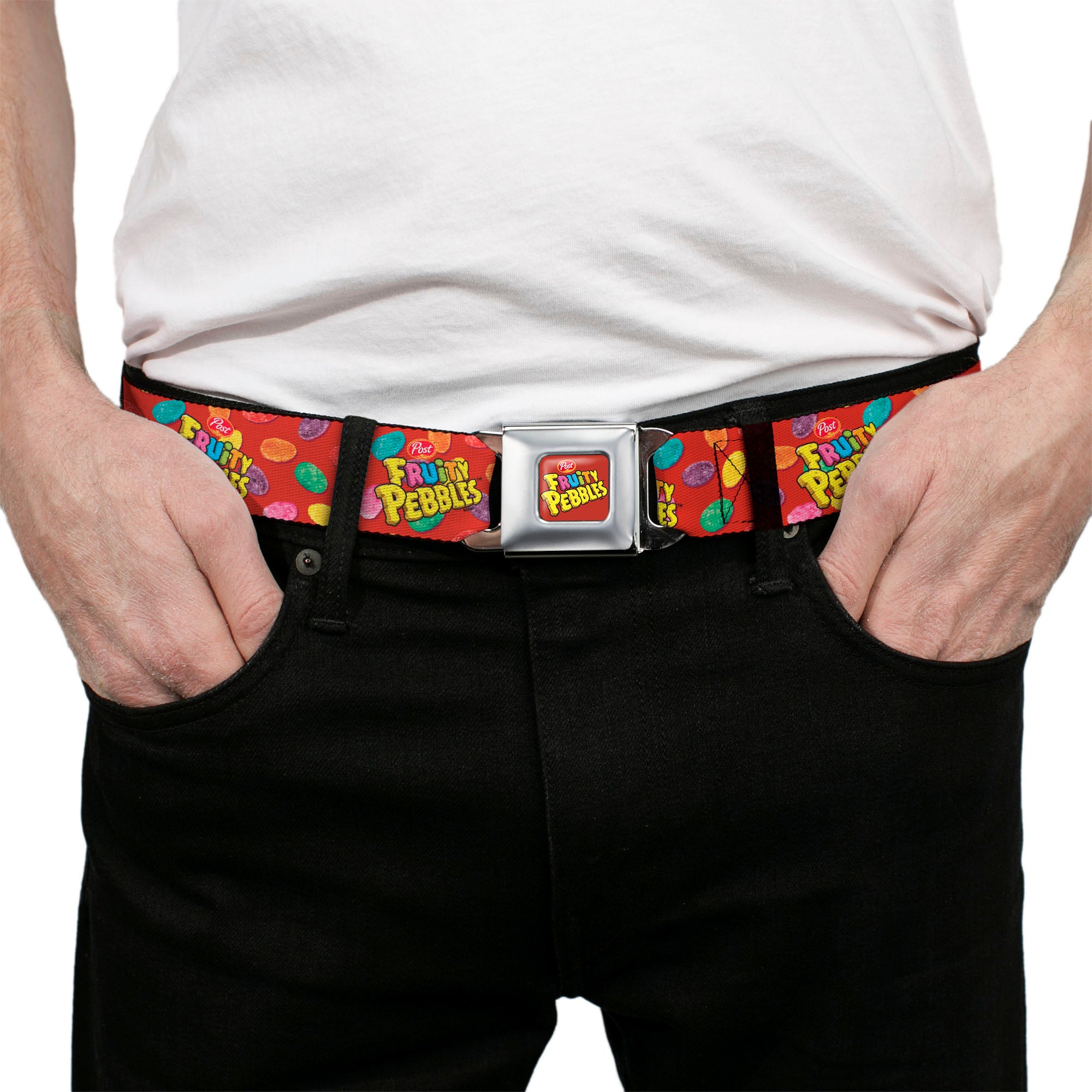 POST FRUITY PEBBLES Logo Full Color Red/Multi Color Seatbelt Belt - POST FRUITY PEBBLES Logo and Cereal Pebbles Scattered Red/Multi Color Webbing Seatbelt Belts The Flintstones
