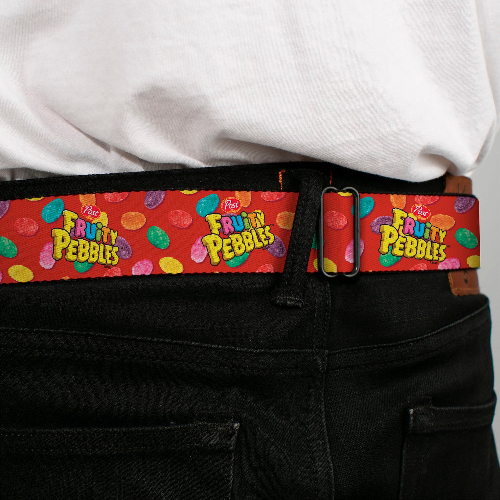 POST FRUITY PEBBLES Logo Full Color Red/Multi Color Seatbelt Belt - POST FRUITY PEBBLES Logo and Cereal Pebbles Scattered Red/Multi Color Webbing Seatbelt Belts The Flintstones