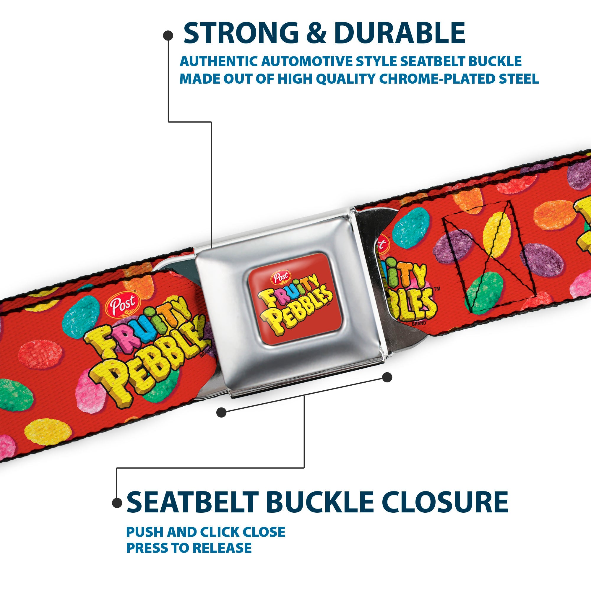 POST FRUITY PEBBLES Logo Full Color Red/Multi Color Seatbelt Belt - POST FRUITY PEBBLES Logo and Cereal Pebbles Scattered Red/Multi Color Webbing Seatbelt Belts The Flintstones