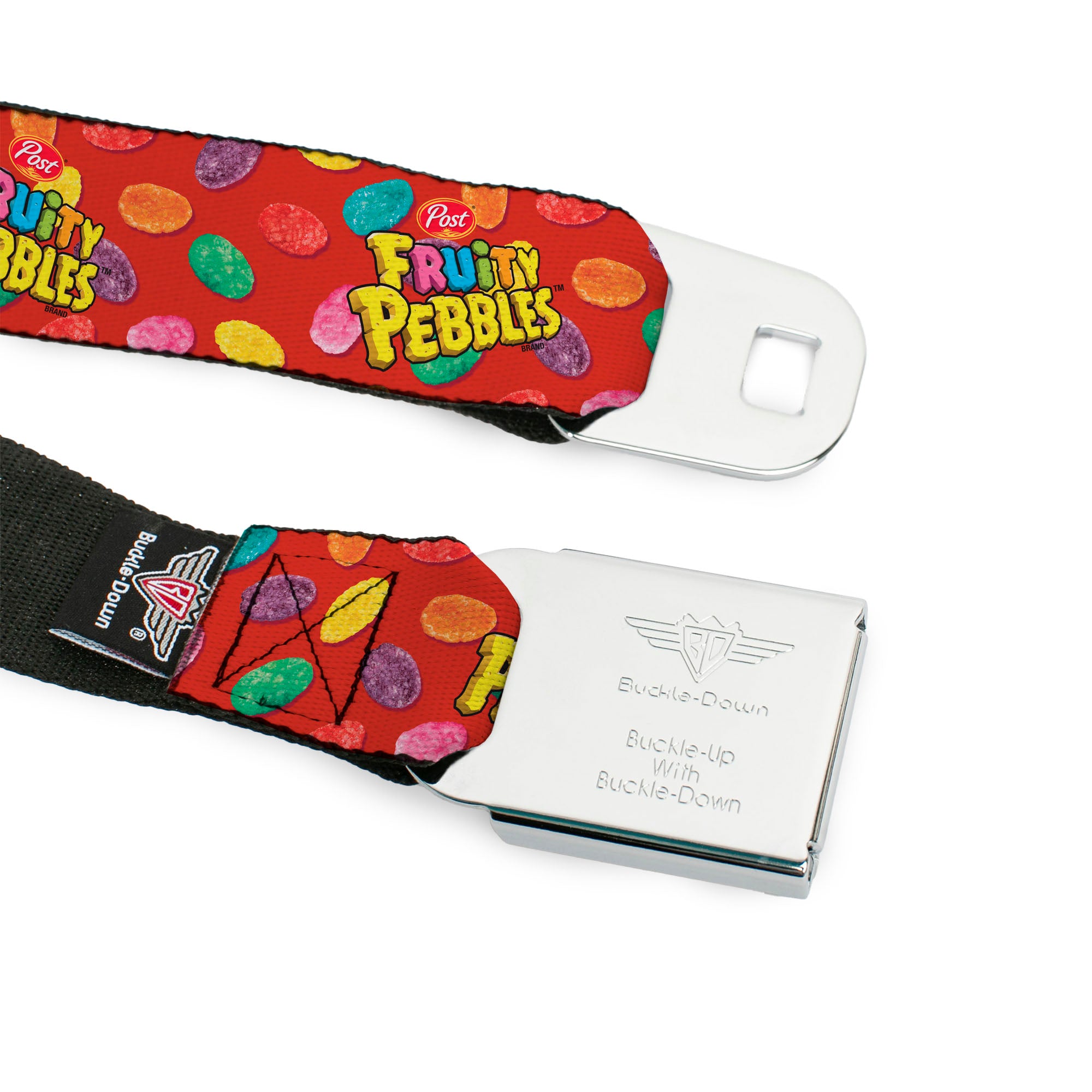 POST FRUITY PEBBLES Logo Full Color Red/Multi Color Seatbelt Belt - POST FRUITY PEBBLES Logo and Cereal Pebbles Scattered Red/Multi Color Webbing Seatbelt Belts The Flintstones