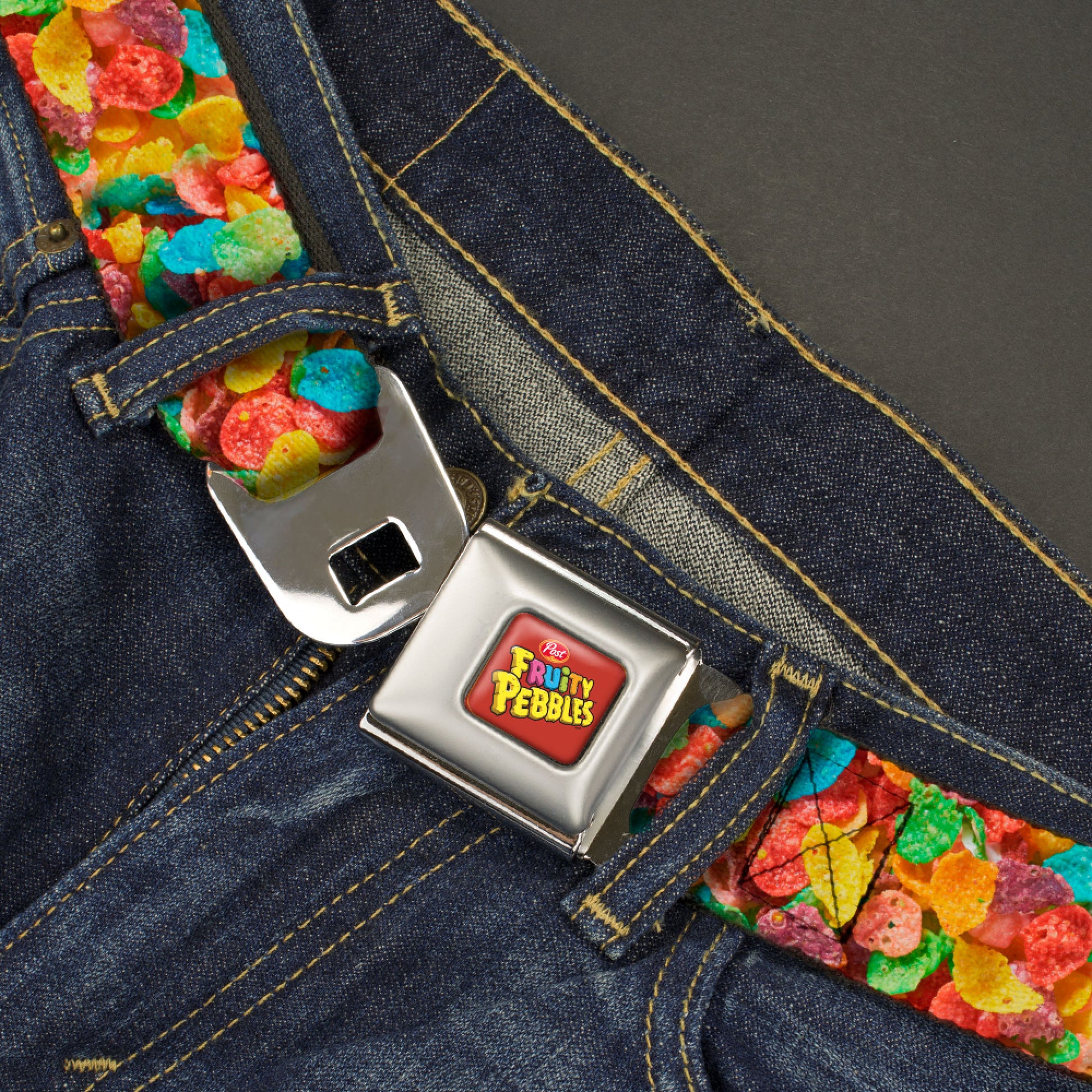 POST FRUITY PEBBLES Logo Full Color Red/Multi Color Seatbelt Belt - Fruity Pebbles Vivid Cereal CLOSE-UP Multi Color Webbing Seatbelt Belts The Flintstones