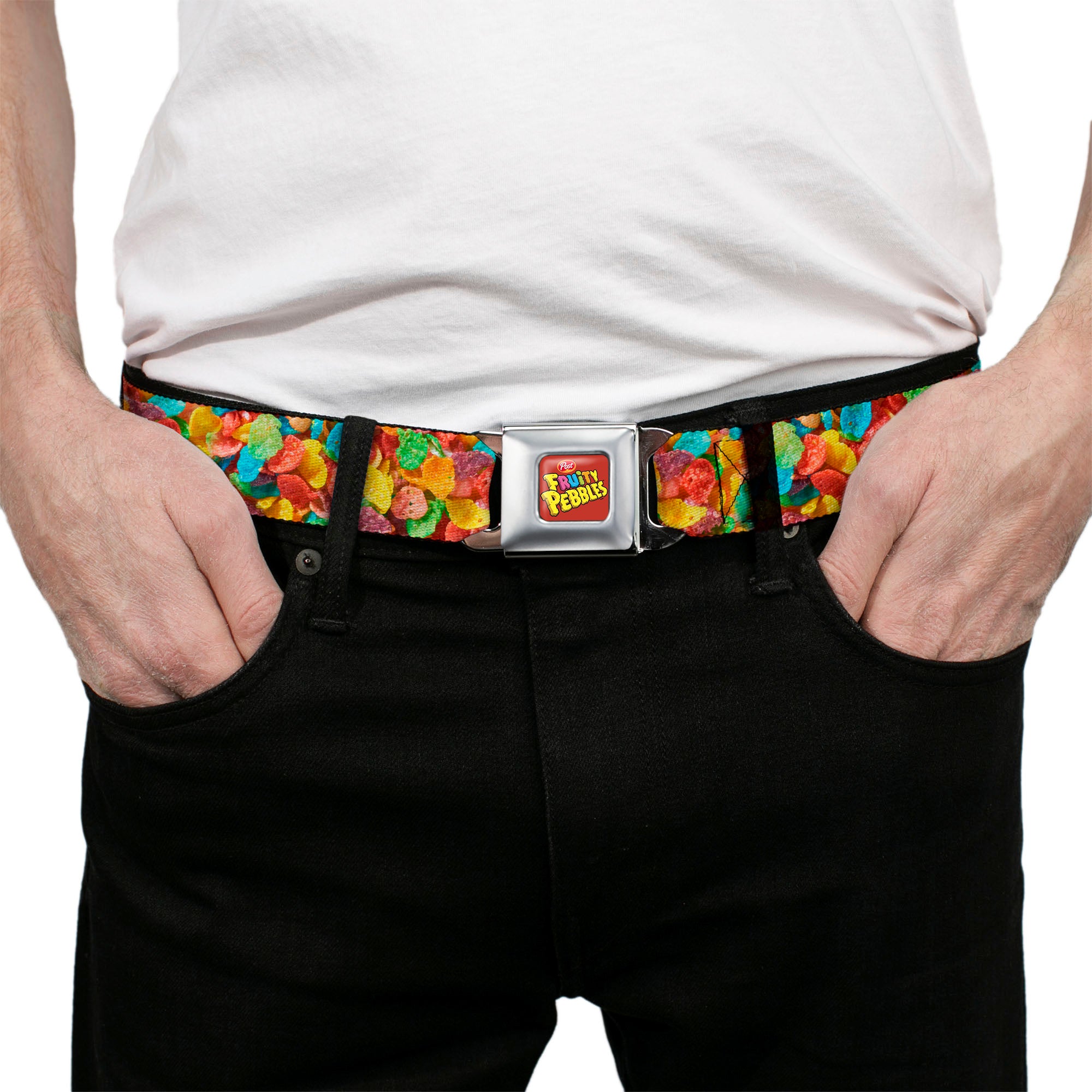 POST FRUITY PEBBLES Logo Full Color Red/Multi Color Seatbelt Belt - Fruity Pebbles Vivid Cereal CLOSE-UP Multi Color Webbing Seatbelt Belts The Flintstones