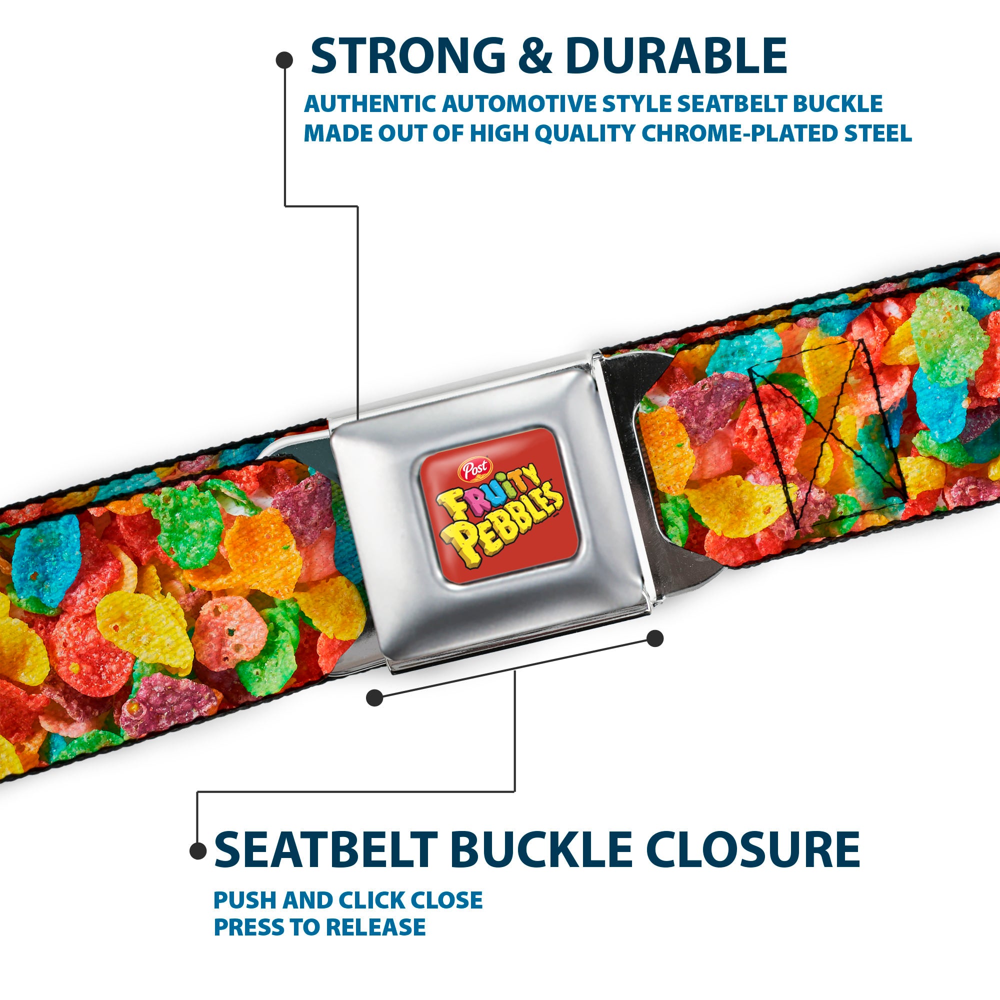 POST FRUITY PEBBLES Logo Full Color Red/Multi Color Seatbelt Belt - Fruity Pebbles Vivid Cereal CLOSE-UP Multi Color Webbing Seatbelt Belts The Flintstones