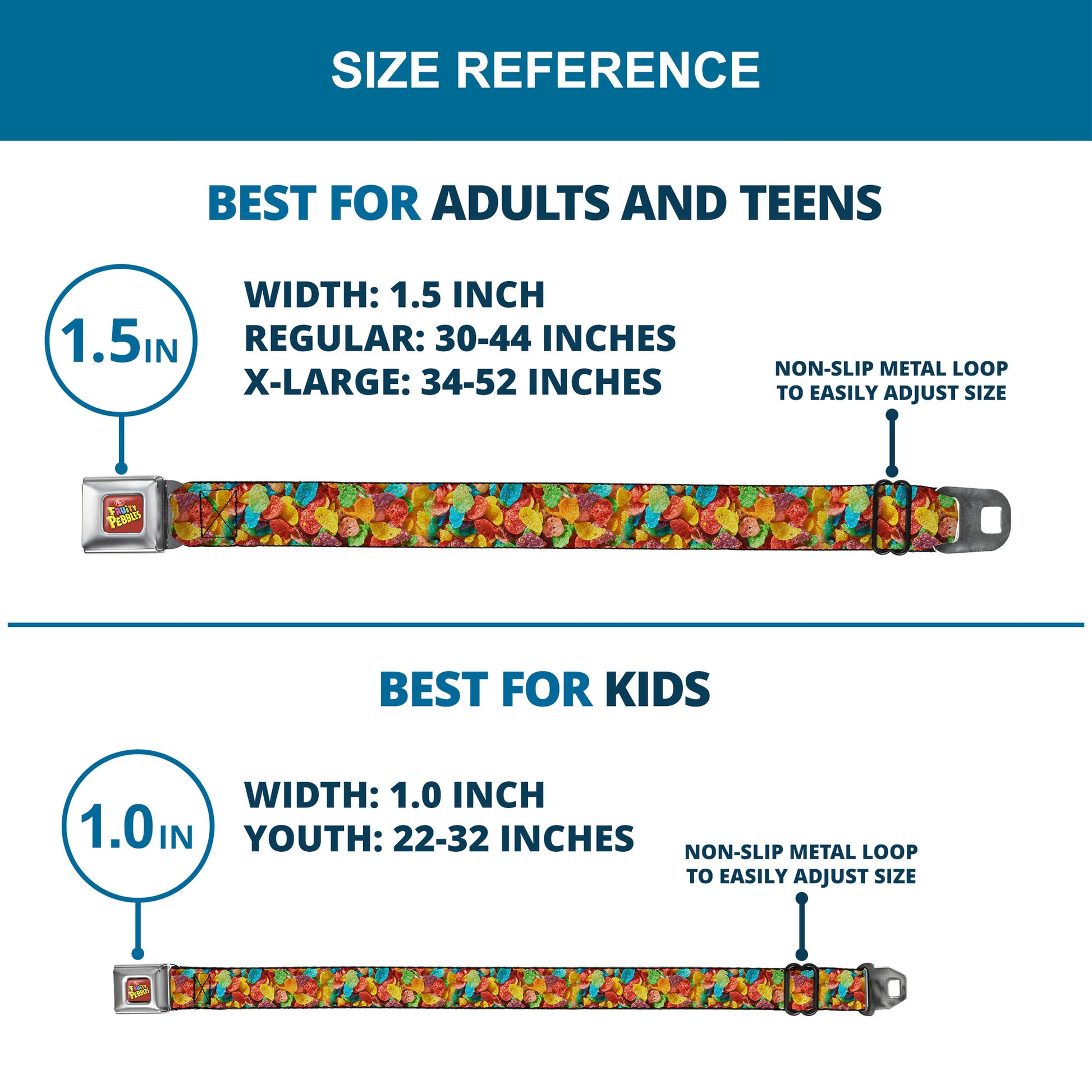 POST FRUITY PEBBLES Logo Full Color Red/Multi Color Seatbelt Belt - Fruity Pebbles Vivid Cereal CLOSE-UP Multi Color Webbing Seatbelt Belts The Flintstones