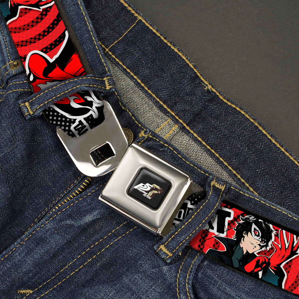 PERSONA 5 ROYAL Title Logo Full Color Black Seatbelt Belt - Persona 5 Joker TAKE YOUR HEART Pose Red/Black/White Webbing Seatbelt Belts Persona 5