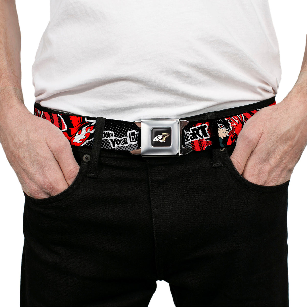PERSONA 5 ROYAL Title Logo Full Color Black Seatbelt Belt - Persona 5 Joker TAKE YOUR HEART Pose Red/Black/White Webbing Seatbelt Belts Persona 5