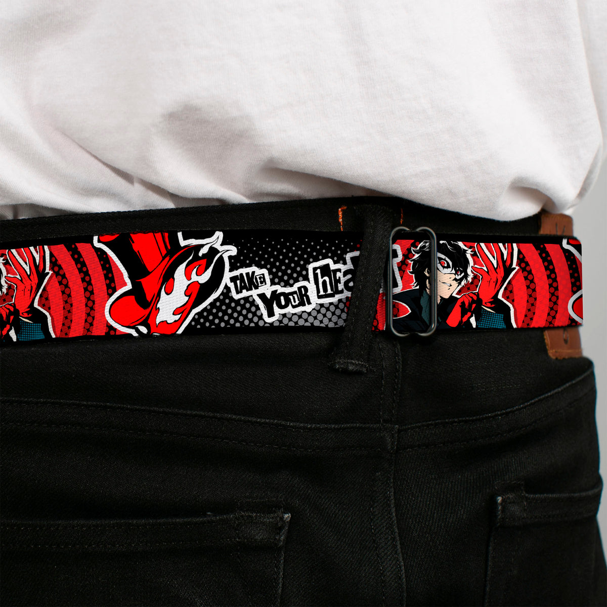 PERSONA 5 ROYAL Title Logo Full Color Black Seatbelt Belt - Persona 5 Joker TAKE YOUR HEART Pose Red/Black/White Webbing Seatbelt Belts Persona 5