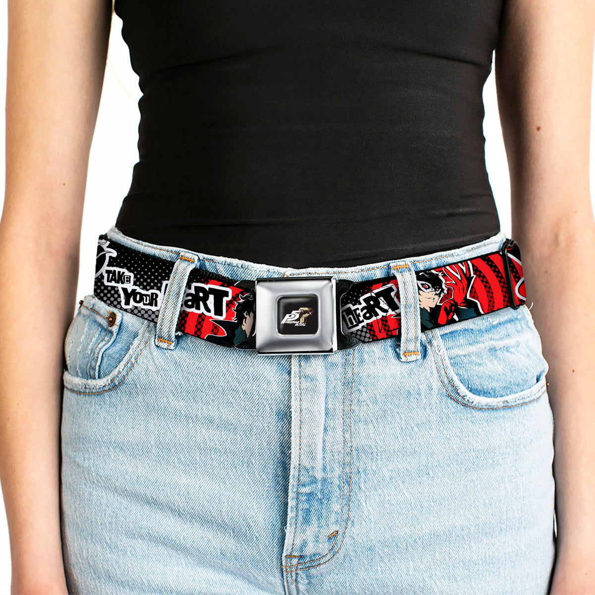 PERSONA 5 ROYAL Title Logo Full Color Black Seatbelt Belt - Persona 5 Joker TAKE YOUR HEART Pose Red/Black/White Webbing Seatbelt Belts Persona 5
