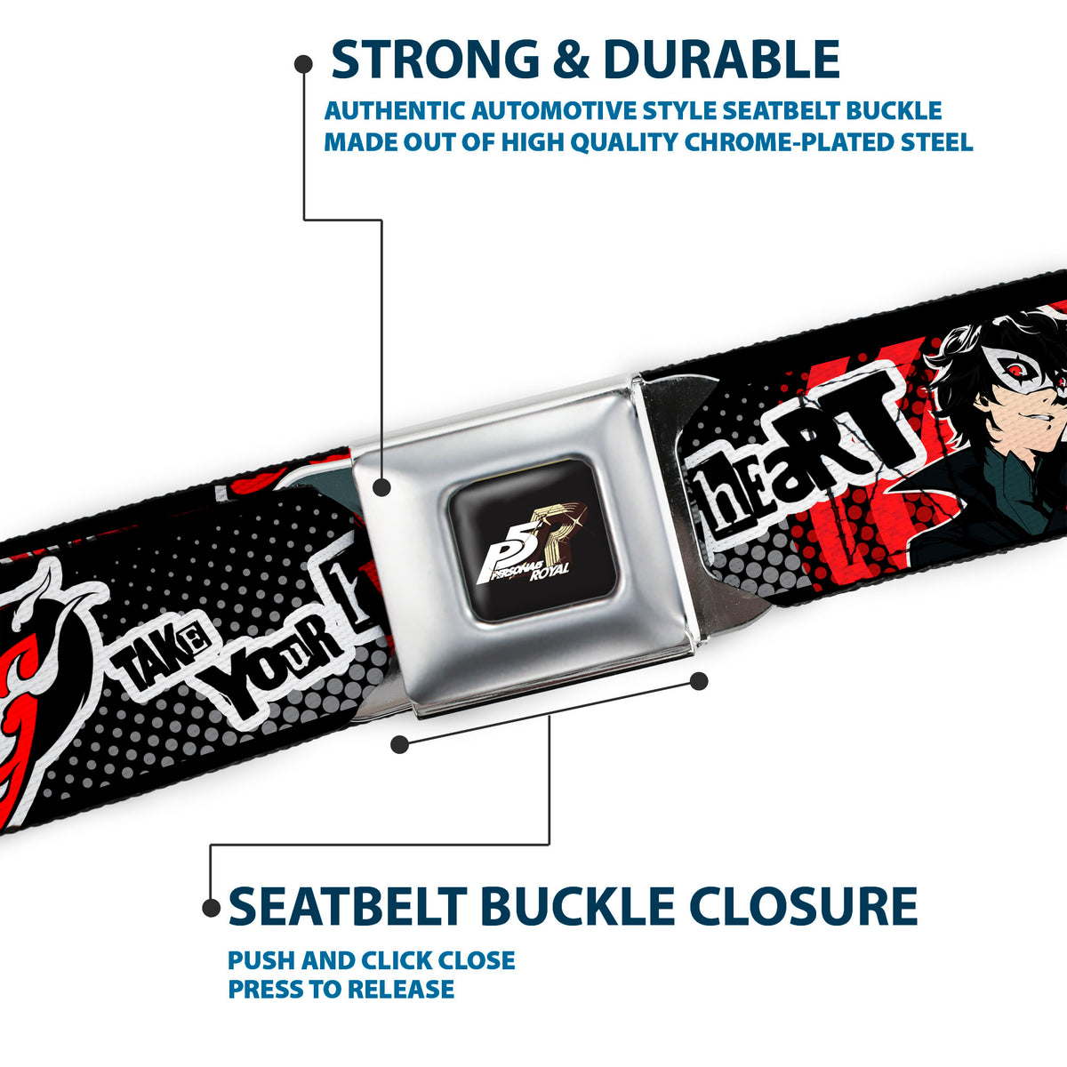 PERSONA 5 ROYAL Title Logo Full Color Black Seatbelt Belt - Persona 5 Joker TAKE YOUR HEART Pose Red/Black/White Webbing Seatbelt Belts Persona 5