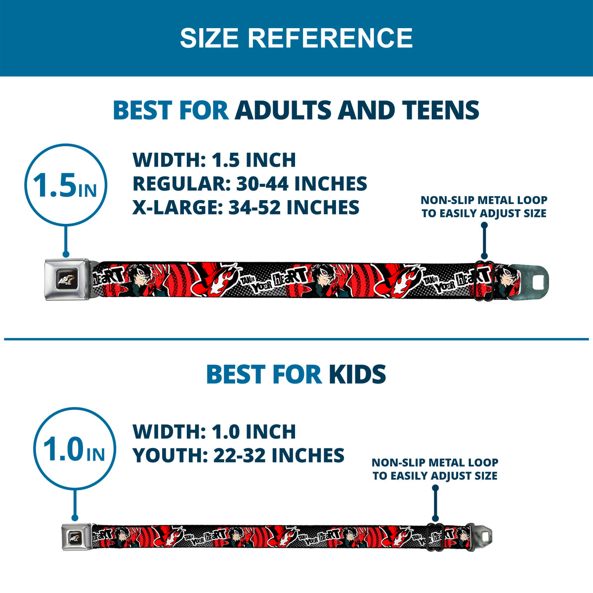 PERSONA 5 ROYAL Title Logo Full Color Black Seatbelt Belt - Persona 5 Joker TAKE YOUR HEART Pose Red/Black/White Webbing Seatbelt Belts Persona 5