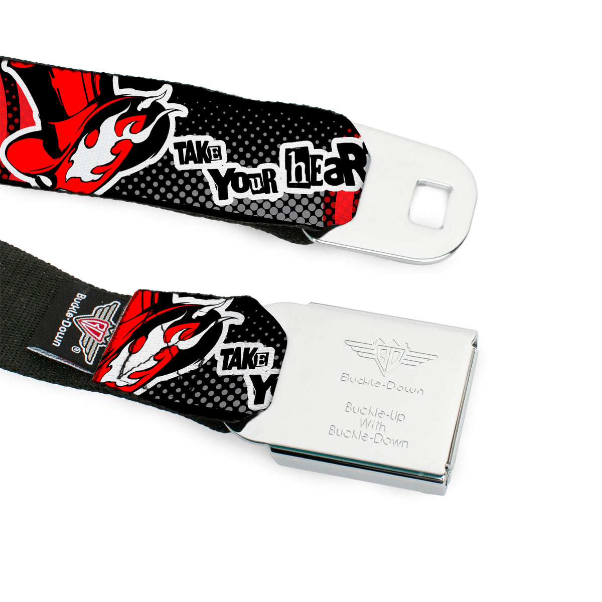 PERSONA 5 ROYAL Title Logo Full Color Black Seatbelt Belt - Persona 5 Joker TAKE YOUR HEART Pose Red/Black/White Webbing Seatbelt Belts Persona 5