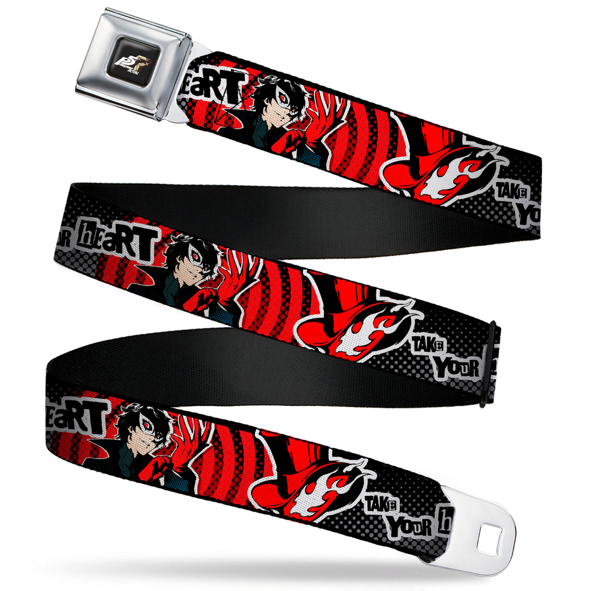 PERSONA 5 ROYAL Title Logo Full Color Black Seatbelt Belt - Persona 5 Joker TAKE YOUR HEART Pose Red/Black/White Webbing Seatbelt Belts Persona 5