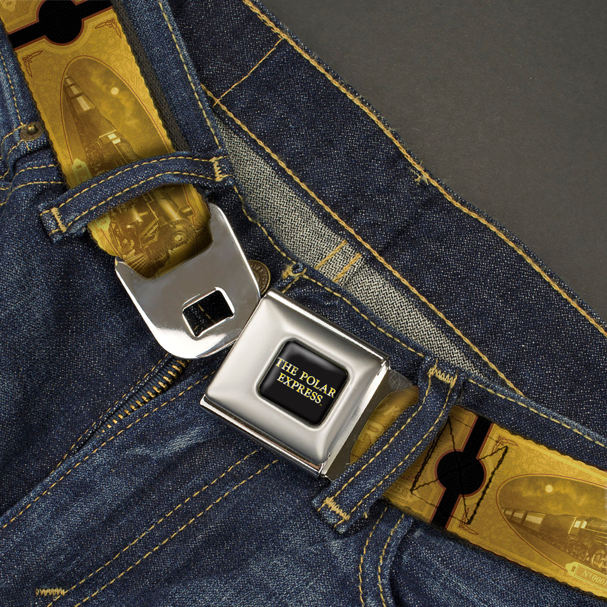 THE POLAR EXPRESS Text Logo Full Color Black/Golds Seatbelt Belt - THE POLAR EXPRESS ROUND TRIP Ticket Black/Golds Webbing Seatbelt Belts The Polar Express