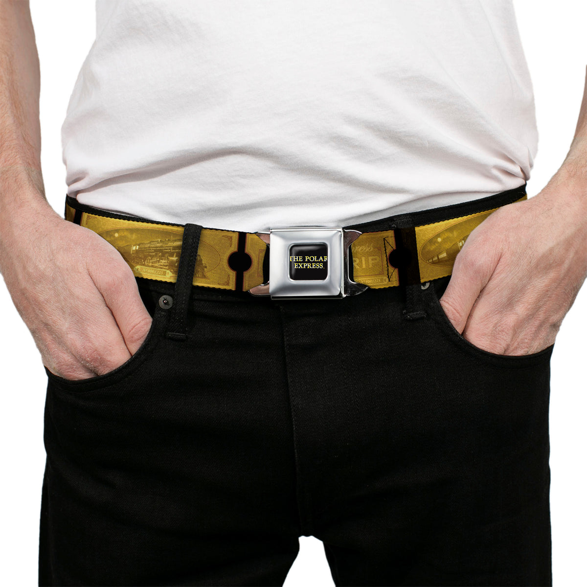 THE POLAR EXPRESS Text Logo Full Color Black/Golds Seatbelt Belt - THE POLAR EXPRESS ROUND TRIP Ticket Black/Golds Webbing Seatbelt Belts The Polar Express