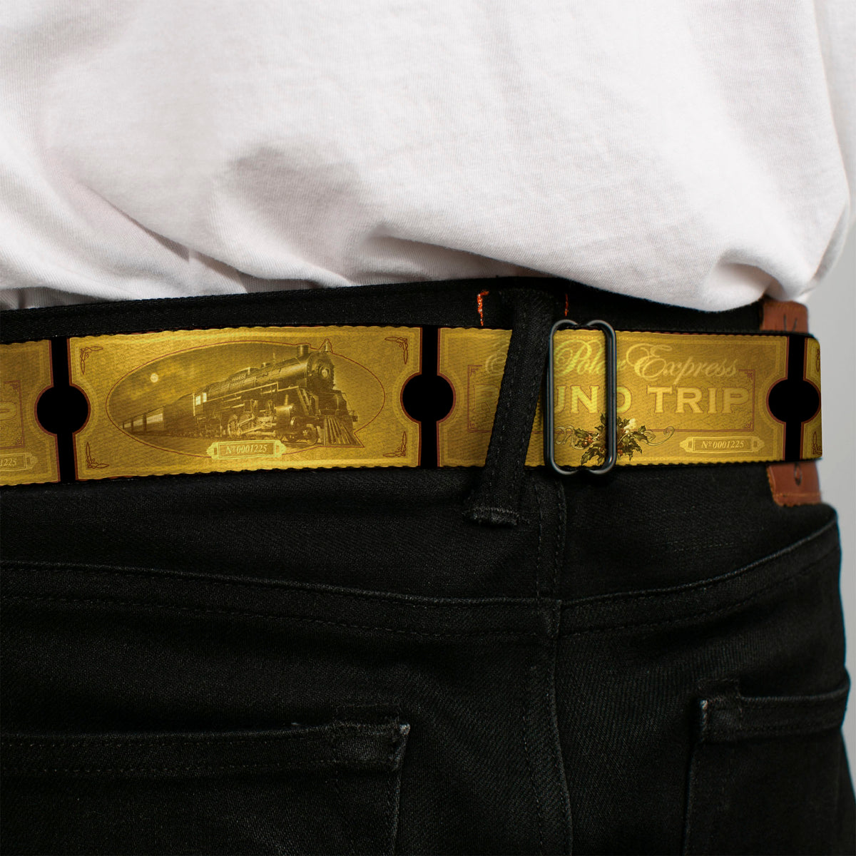 THE POLAR EXPRESS Text Logo Full Color Black/Golds Seatbelt Belt - THE POLAR EXPRESS ROUND TRIP Ticket Black/Golds Webbing Seatbelt Belts The Polar Express